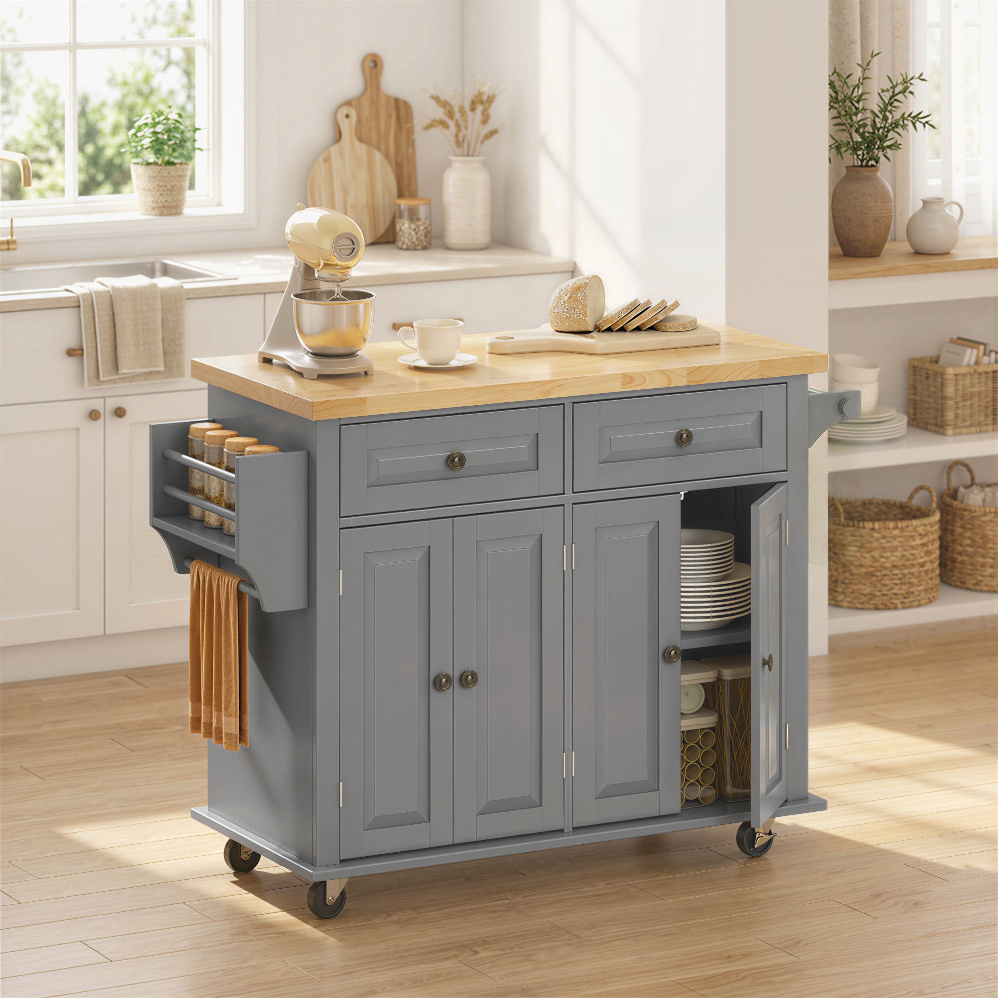 44" Mobile Kitchen Island Table, Kitchen Island Cart on Wheels with Storage Cabinets, 2 Drawers, Gray