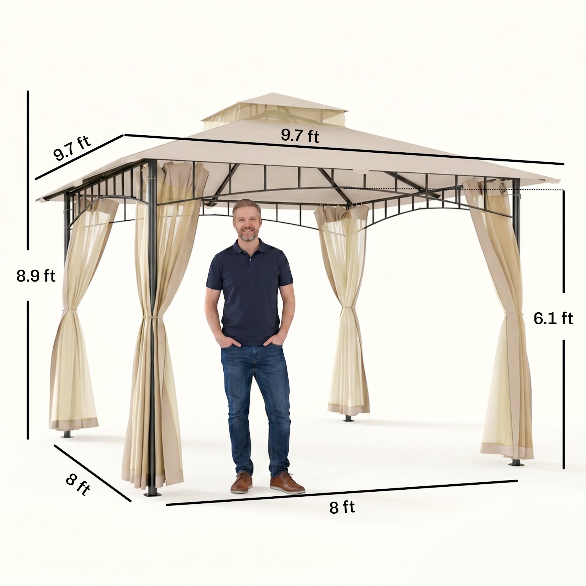 10' x 10' Outdoor Patio Gazebo Canopy Tent with Mesh Sidewalls, 2-Tier Canopy for Backyard, Beige