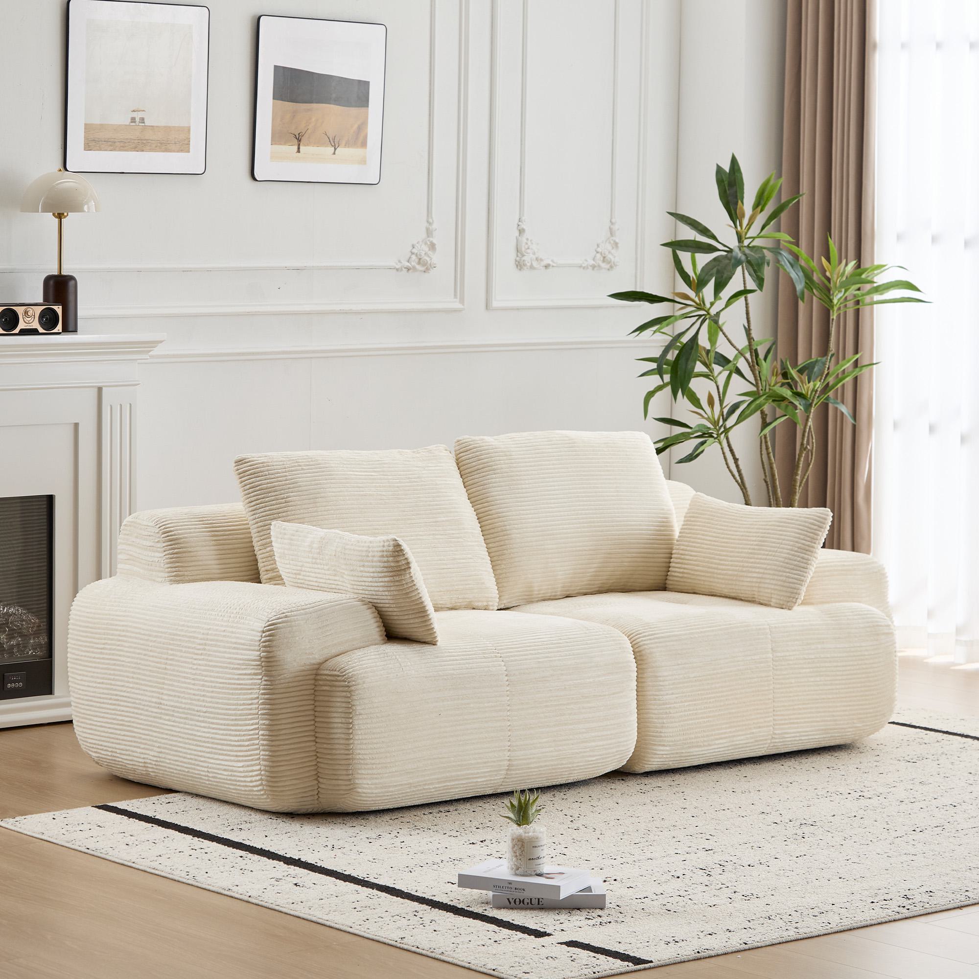 Compressed Sofa 2-Seater Large Sectional Couch with Pet-Friendly Corduroy Fabric, Two Seater Couch Memory Foam Sofa for Living Room, 84" L x 41" W x 28.5" H, Beige