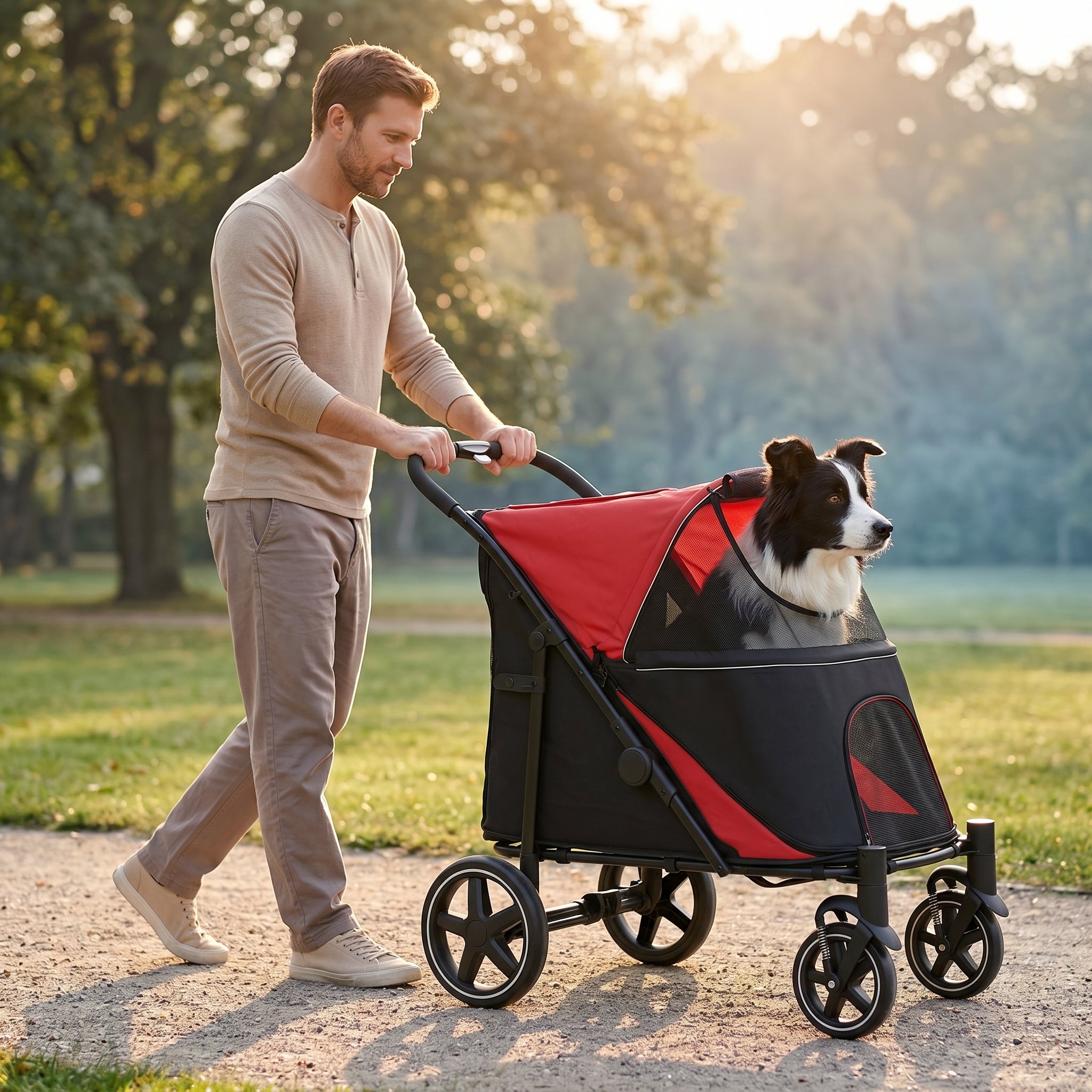 Dog Stroller for Large Medium Small Dogs up to 66 Lbs. 23.5" in Body Length, One-Click Foldable Pet Cat Stroller with Storage, Shock Absorption Wheels, Mesh Window, Safety Leash, Red