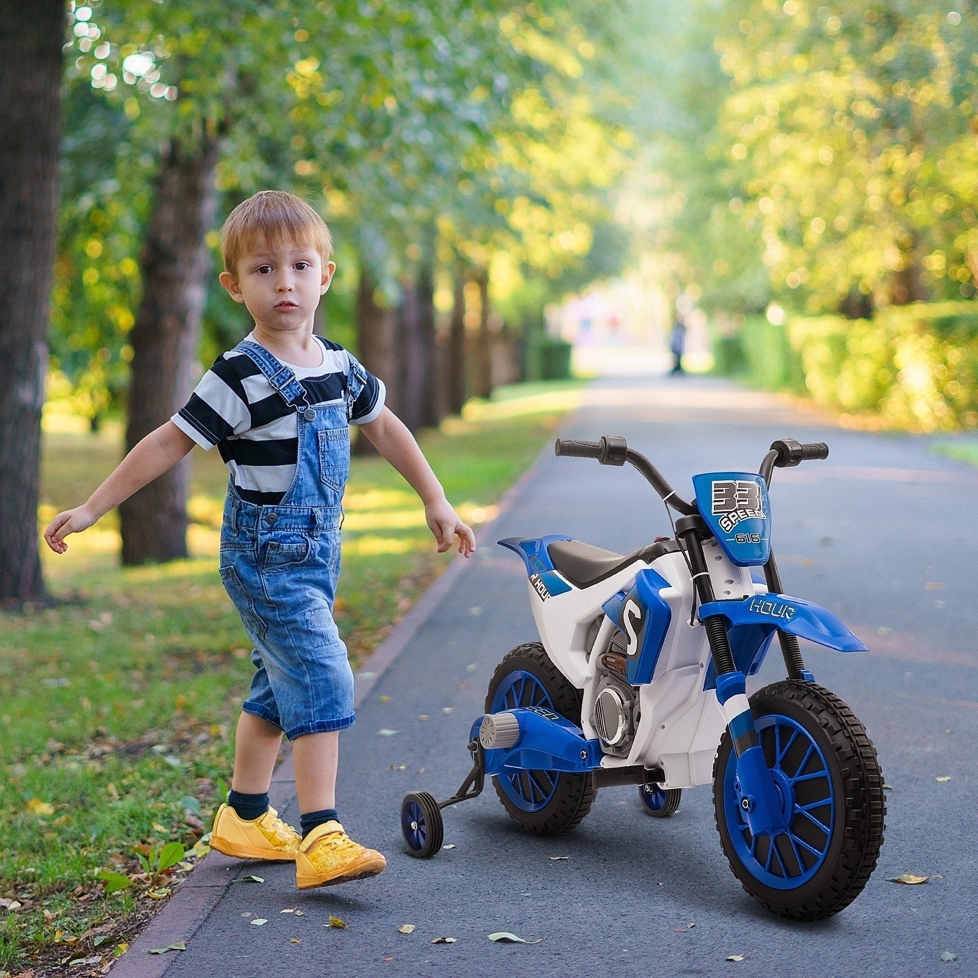 12V Kids Motorcycle w/ Treaded Tires, 5mph Top Speed Electric Bike for Kids, Ride On Motorcycle w/ Training Wheels, Battery Charger, Spring Suspension, Blue