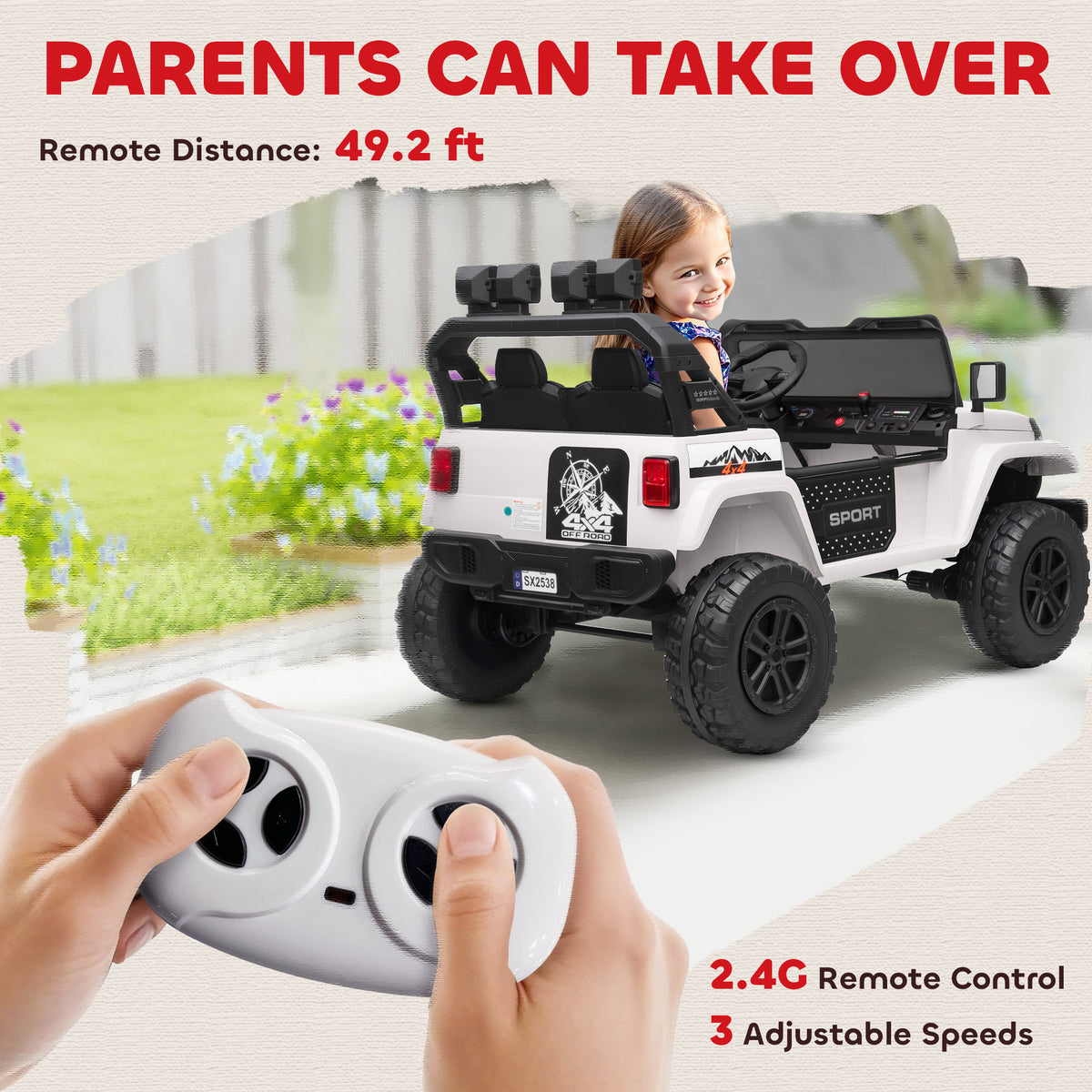 Ride on Truck Car with 2-Seater, 24V Electric Car with 4 Motors, Remote Control, Spring Suspension for 3-8 Years, White