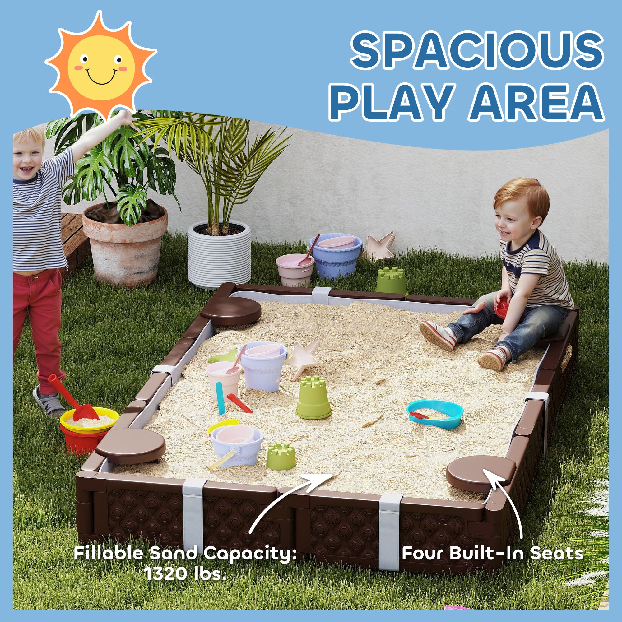 Kids Sandbox with Cover, 4 Corner Seats, Bottom Liner for Backyard, Garden, Outdoor, 73" x 47" x 9", Dark Brown