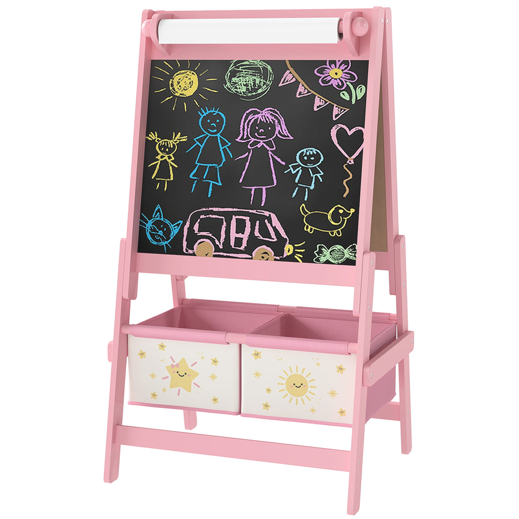 Art Easel for Kids, Double-Sided Whiteboard & Chalkboard with Paper Roll, Storage Baskets for Toddlers Ages 3-8, Pink