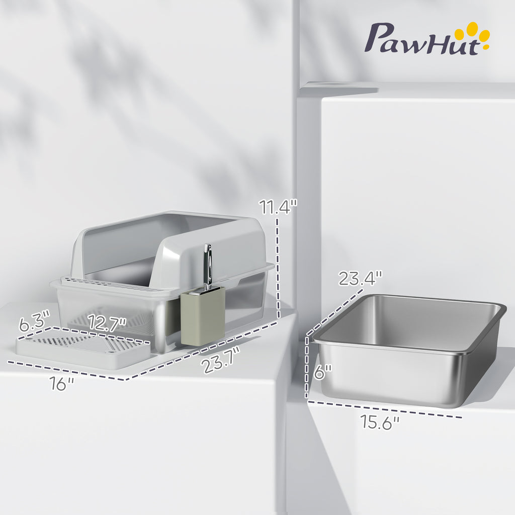 2 Pack Stainless Steel Litter Box with Metal Scoop & Scoop Holder, High Sided, Anti-Urine Leakage, Non-Sticky
