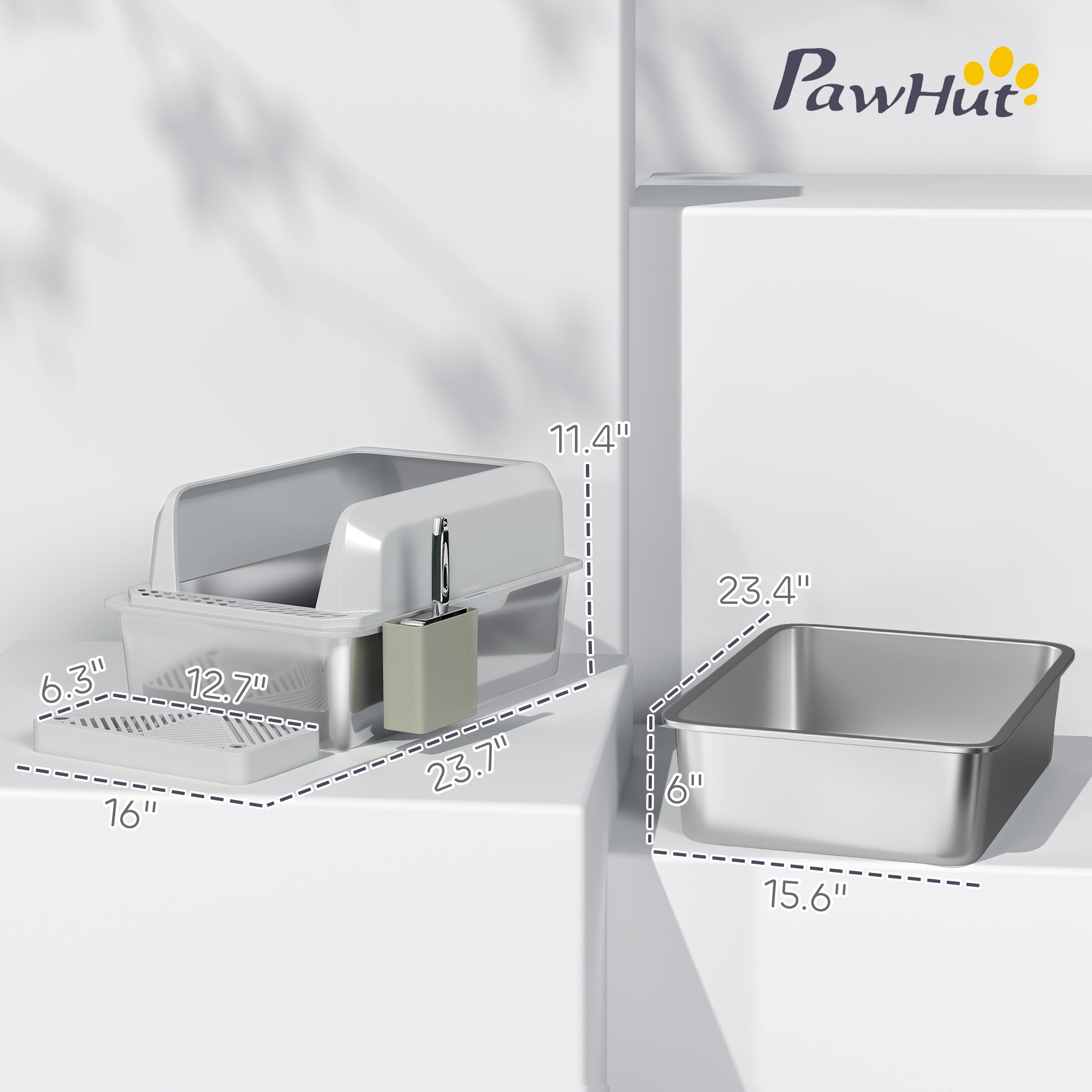 2 Pack Stainless Steel Litter Box with Metal Scoop & Scoop Holder, High Sided, Anti-Urine Leakage, Non-Sticky