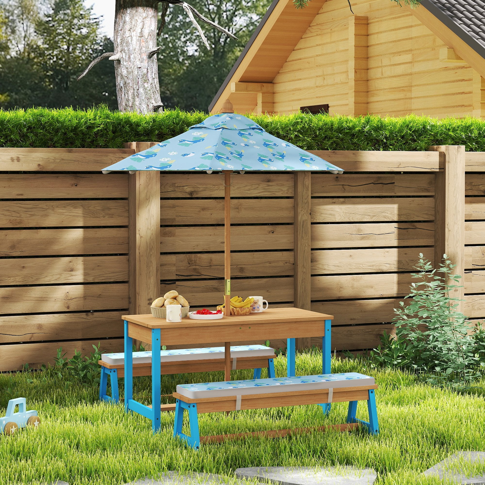 Kids Picnic Table Set with Foldable Umbrella, Removable Cushions & Boxes, Dinosaur Theme, Blue