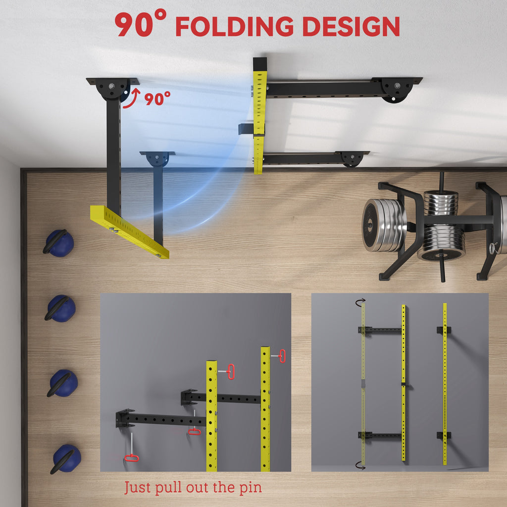 Folding Squat Rack with Pull Up Bar, Wall Mounted and Adjustable, 1000 Pounds Capacity Power Rack, Yellow