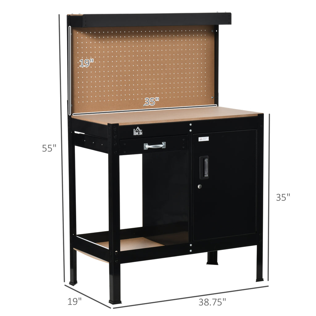 Multipurpose Workbench, Workshop Tool Table with Slide Drawer, Peg Board, Storage Cabinet with Keys