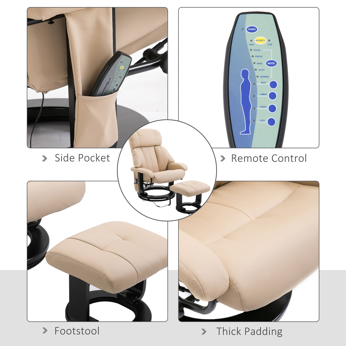 10-Point Massage Recliner Chair, Vibration Massage Sofa with Ottoman Footrest, Faux Leather and Swivel Wood Base for Living Room & Bedroom, Beige