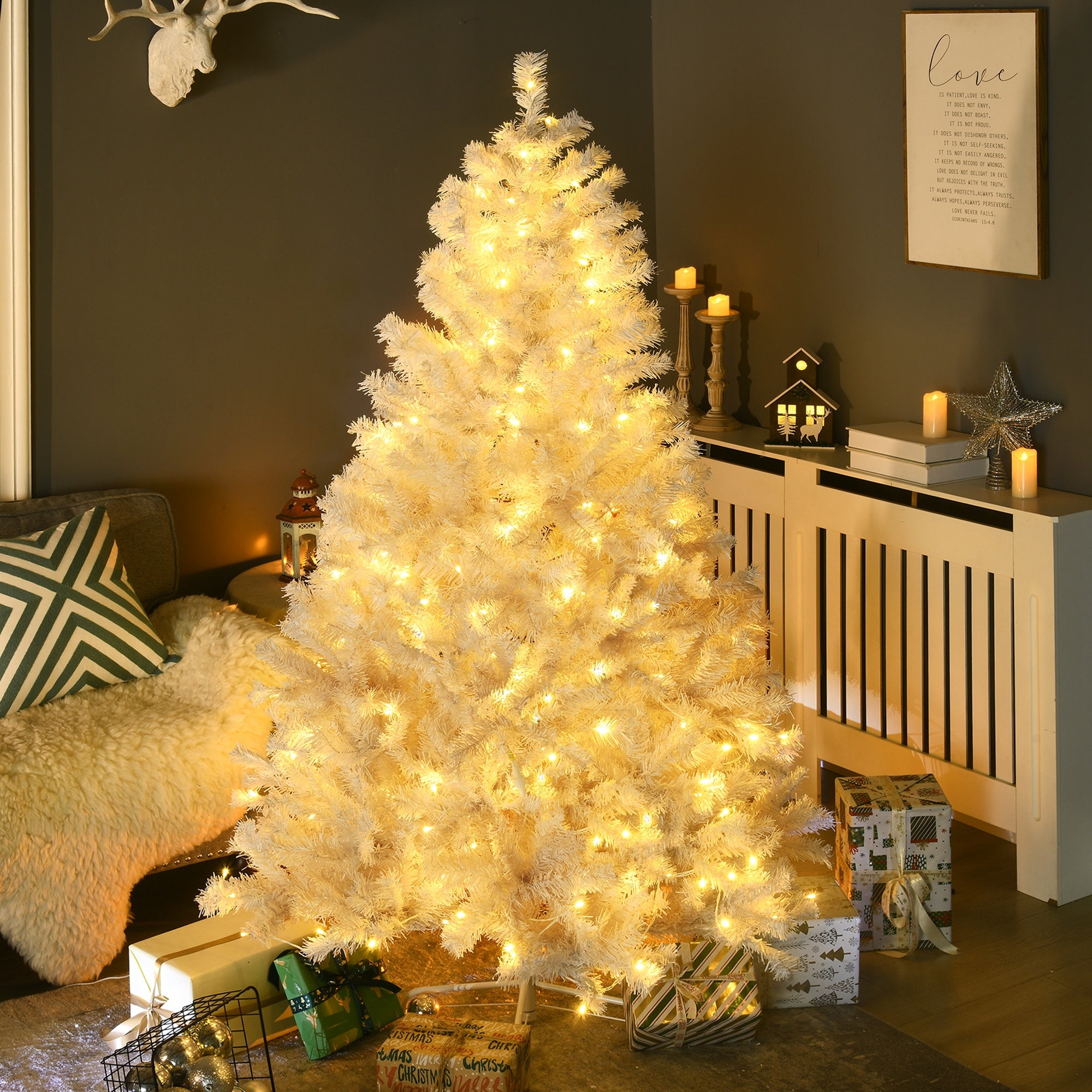 6' Prelit Artificial White Christmas Trees Home Decor, with Warm White LED Lights, Auto Open, Steel Base