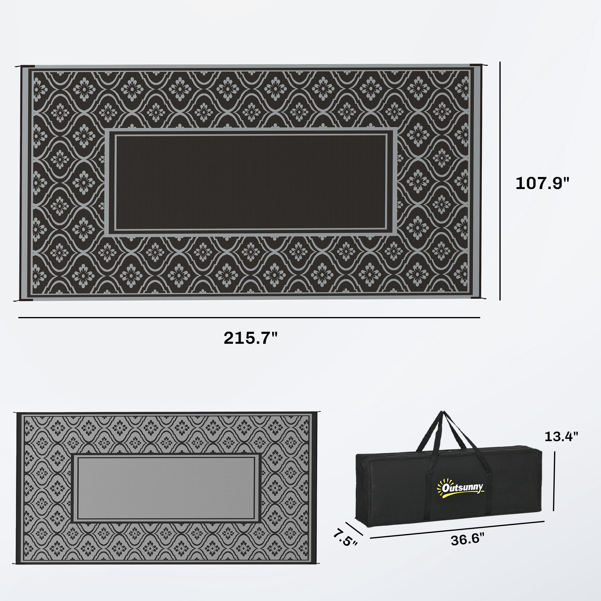 Reversible Outdoor Rug, Waterproof Plastic Straw with Carry Bag, 9' x 18', Black & Gray Gourd Border