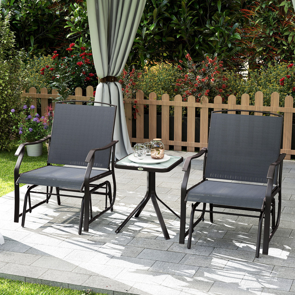 3 Piece Outdoor Glider Chair with Coffee Table Bistro Set, 2 Patio Rocking Swing Chairs with Breathable Sling Fabric, Glass Tabletop, for Backyard, Garden and Porch, Gray