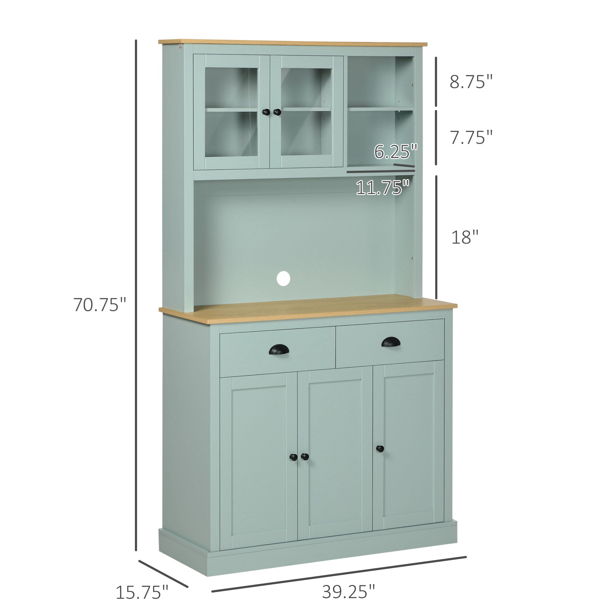 Kitchen Pantry Storage Cabinet with Microwave Stand, 71" Modern Kitchen Hutch with Open Countertop, Glass Doors, Storage Drawers and Adjustable Shelves for Dining Room, Coffee Bar, Light Green