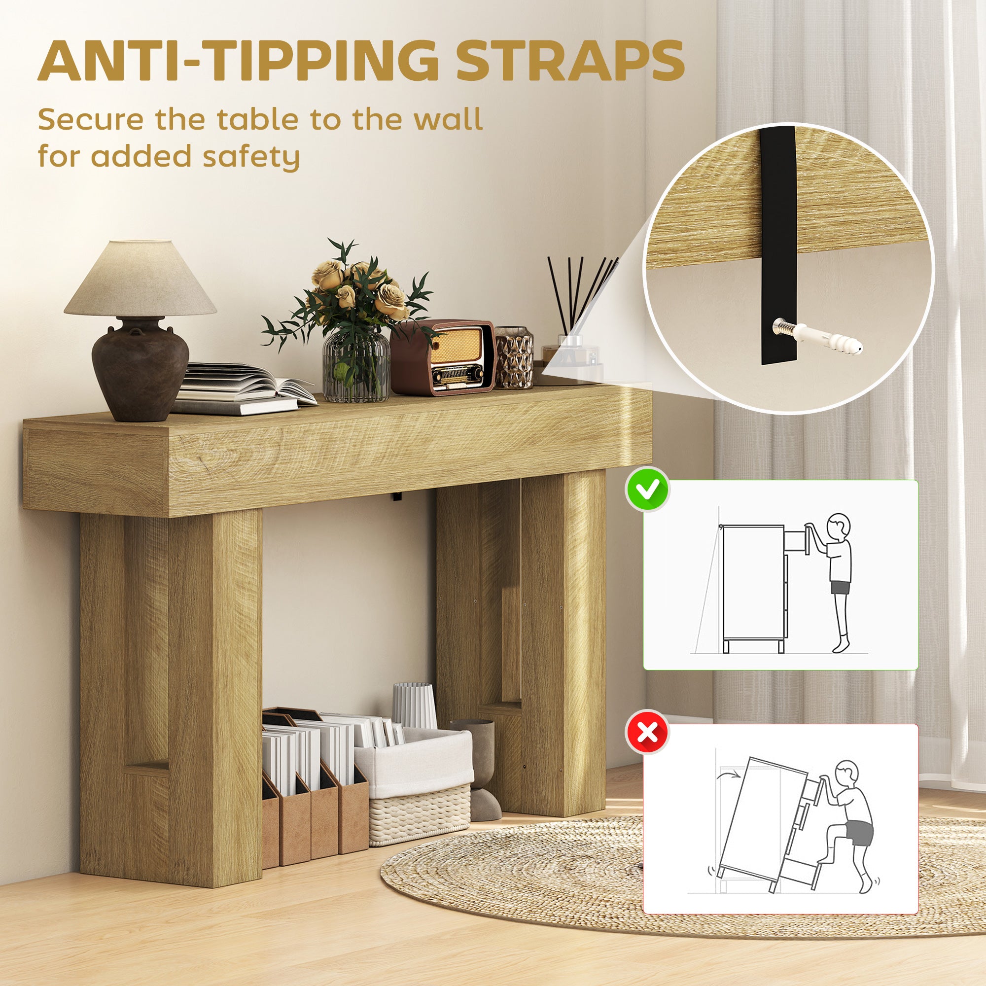 63 Inch Console Table, Sofa Table Behind the Couch with Thickened Tabletop for Living Room, Hallway, Entrance, Oak