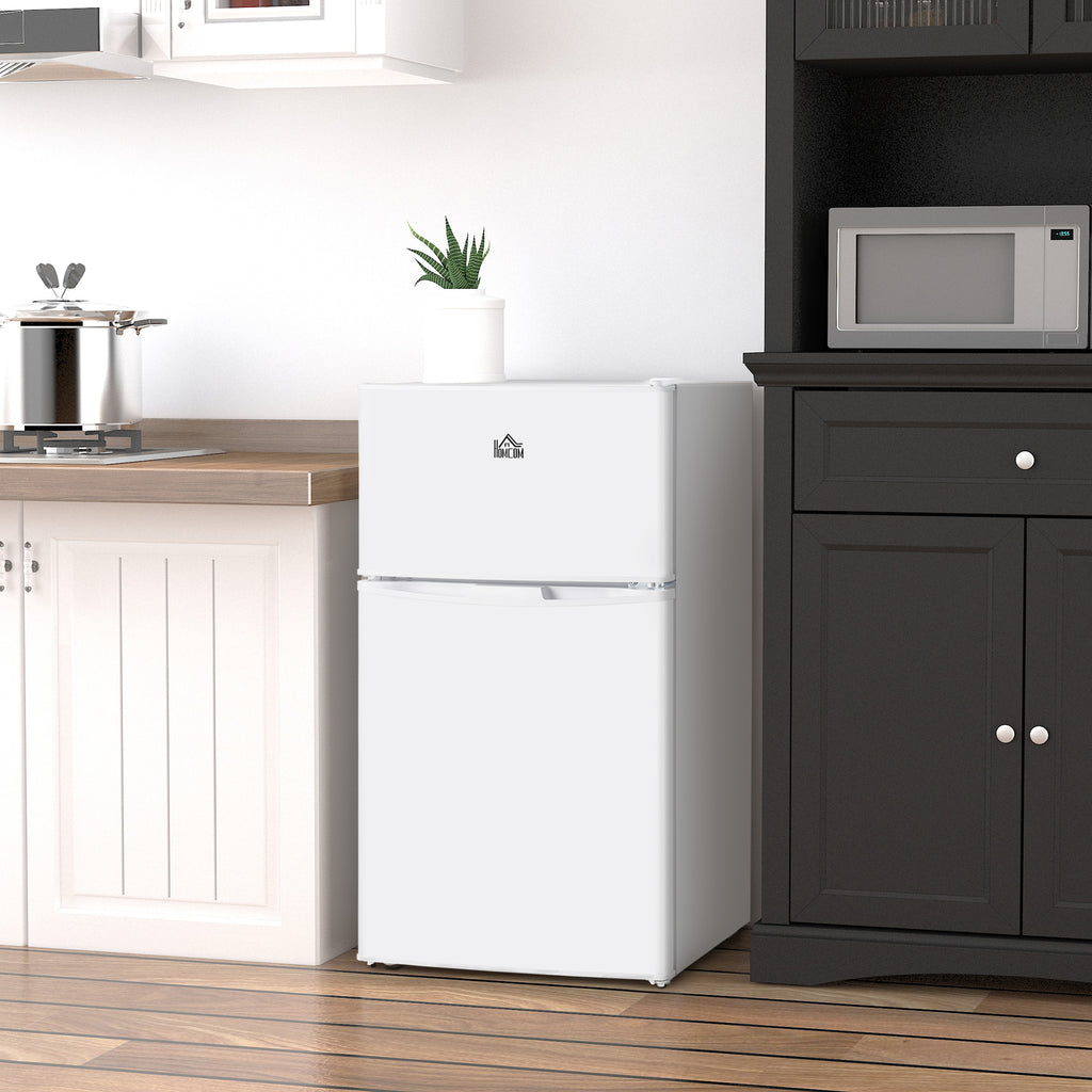 3.2 Cu.Ft Mini Fridge with Freezer, Compact Refrigerator with Adjustable Thermostat, Shelf and Double Reversible Door for Bedroom, Dorm, Home Office, Energy Efficient, White