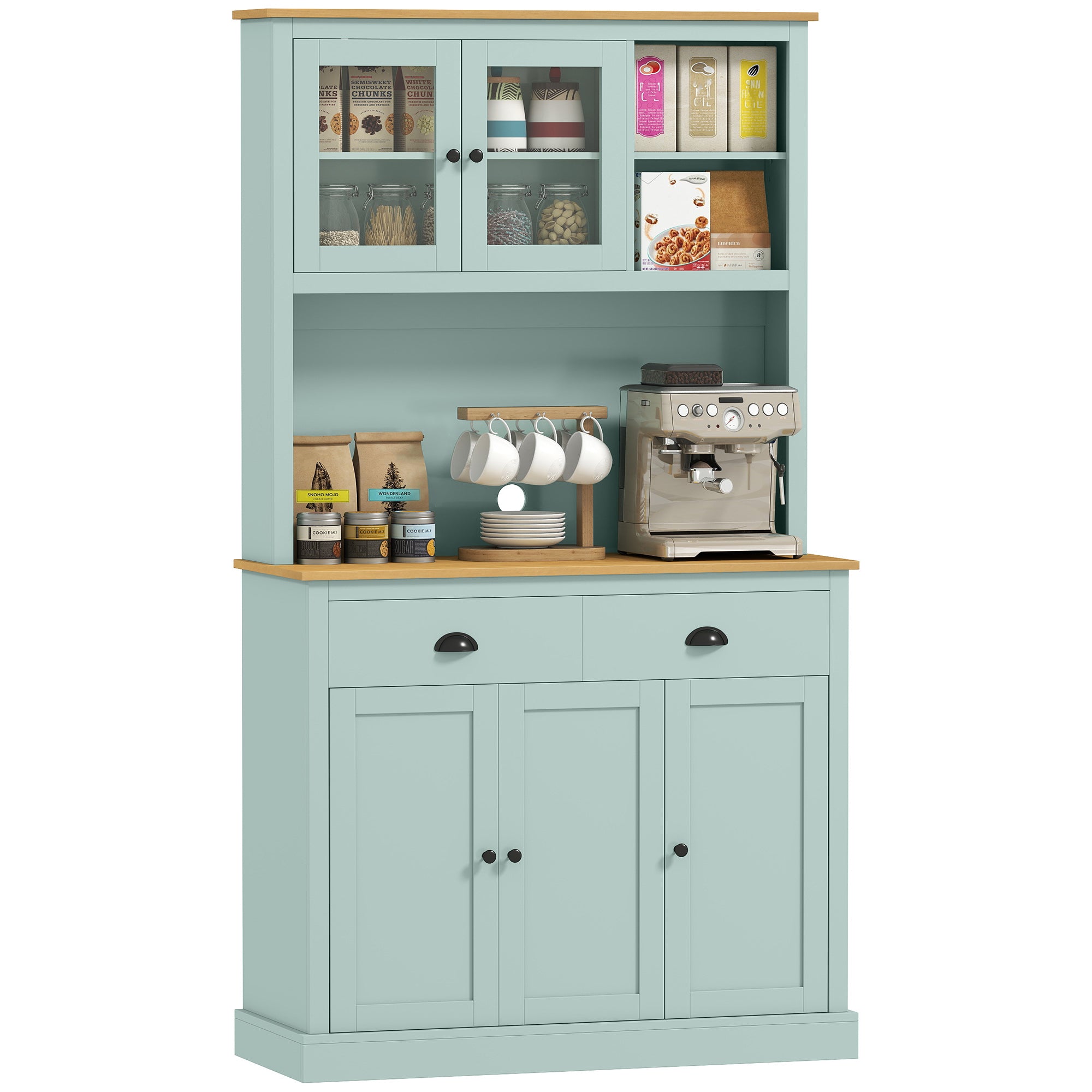 Kitchen Pantry Storage Cabinet with Microwave Stand, 71" Modern Kitchen Hutch with Open Countertop, Glass Doors, Storage Drawers and Adjustable Shelves for Dining Room, Coffee Bar, Light Green