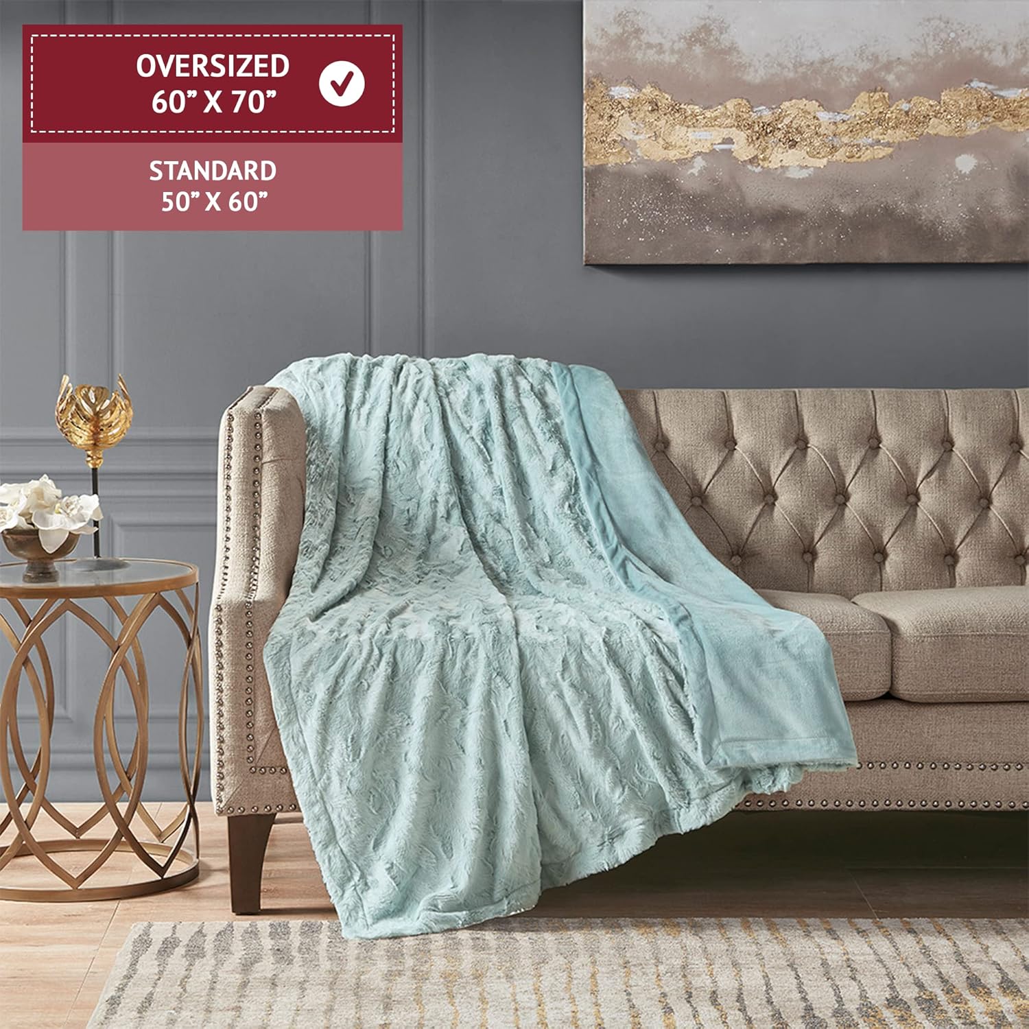 Oversized Faux Fur Throw with Solid Mink Reverse, Machine Washable, Luxurious Soft Blanket for Any Living Space, 70" L x 60" W x 0.25" H, Aqua
