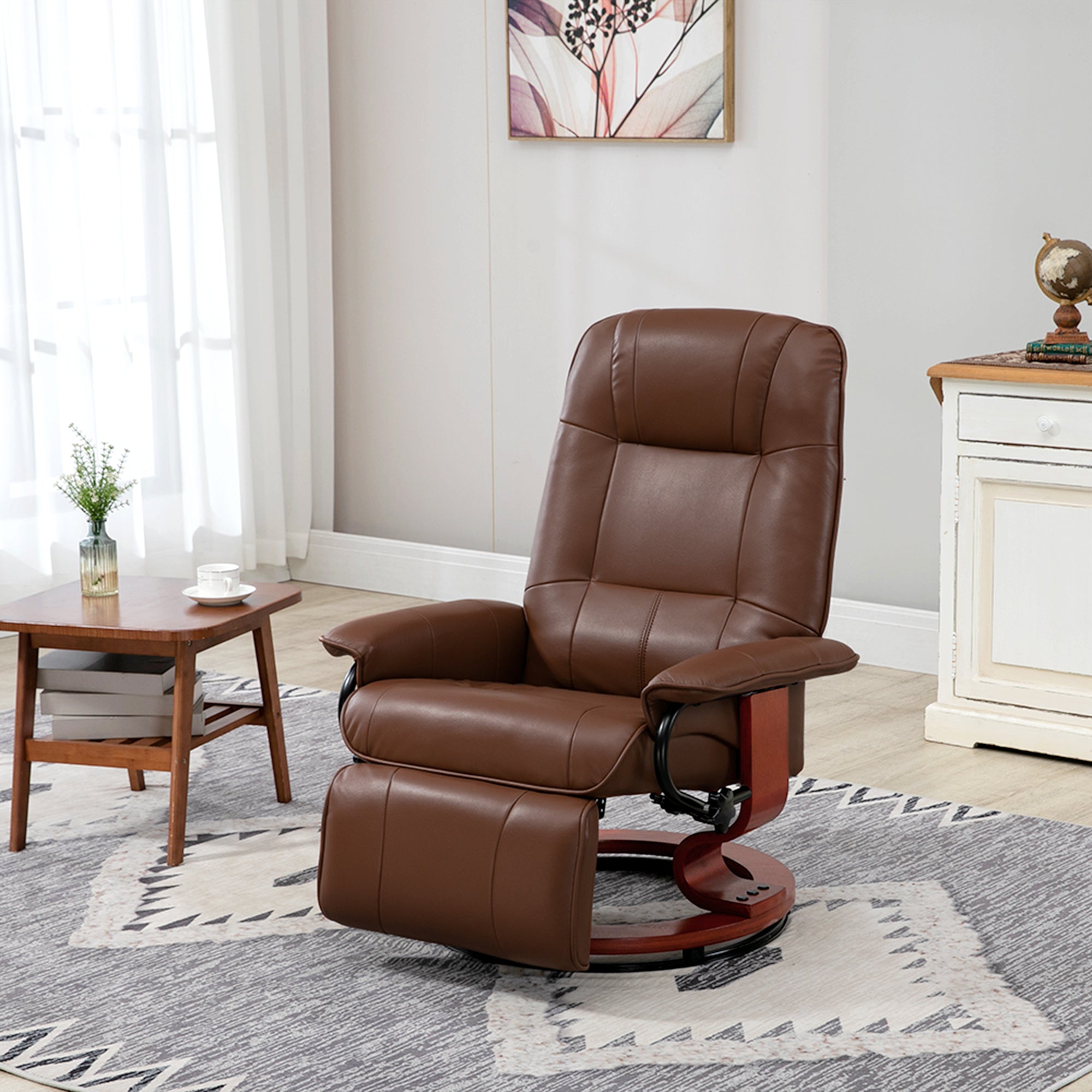 Air Leather Manual Recliner, Adjustable Swivel Lounge Chair with Footrest, Armrest and Wrapped Wood Base, Brown