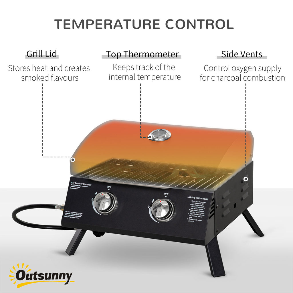 21.75" Charcoal BBQ, Portable Grill with 2 Burners, Heat-Resistant Handle, Folding Legs, Removable Ashtray, Thermometer, Carbon Steel, for Outdoor Cooking, Camping, Black