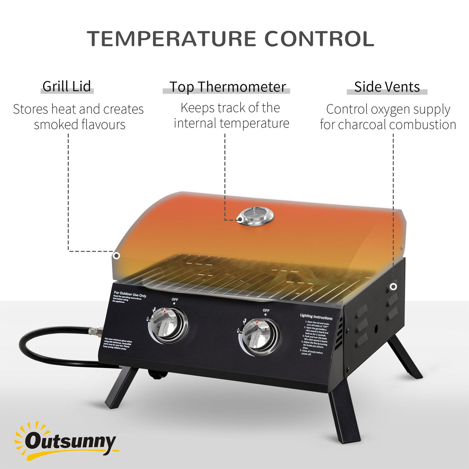 21.75" Charcoal BBQ, Portable Grill with 2 Burners, Heat-Resistant Handle, Folding Legs, Removable Ashtray, Thermometer, Carbon Steel, for Outdoor Cooking, Camping, Black