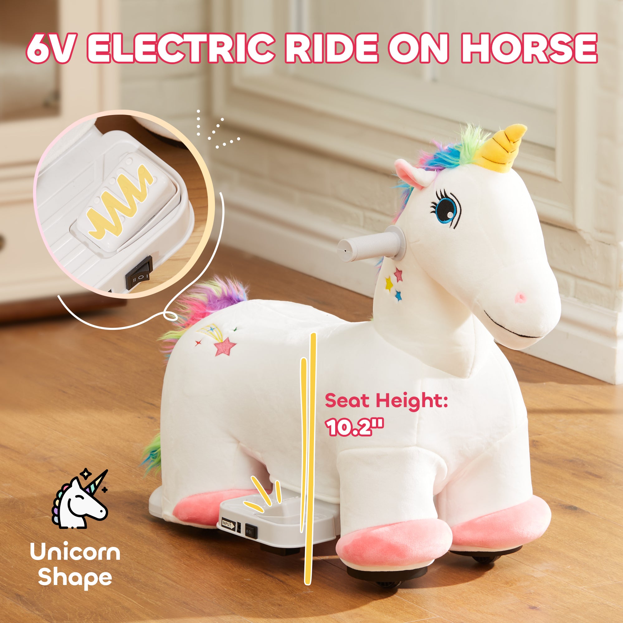 Kids Ride on Unicorn, 6V Battery Powered Electric Ride on Animal Toy w/ Music Forward, Foot Pedal for Aged 18-36 Months