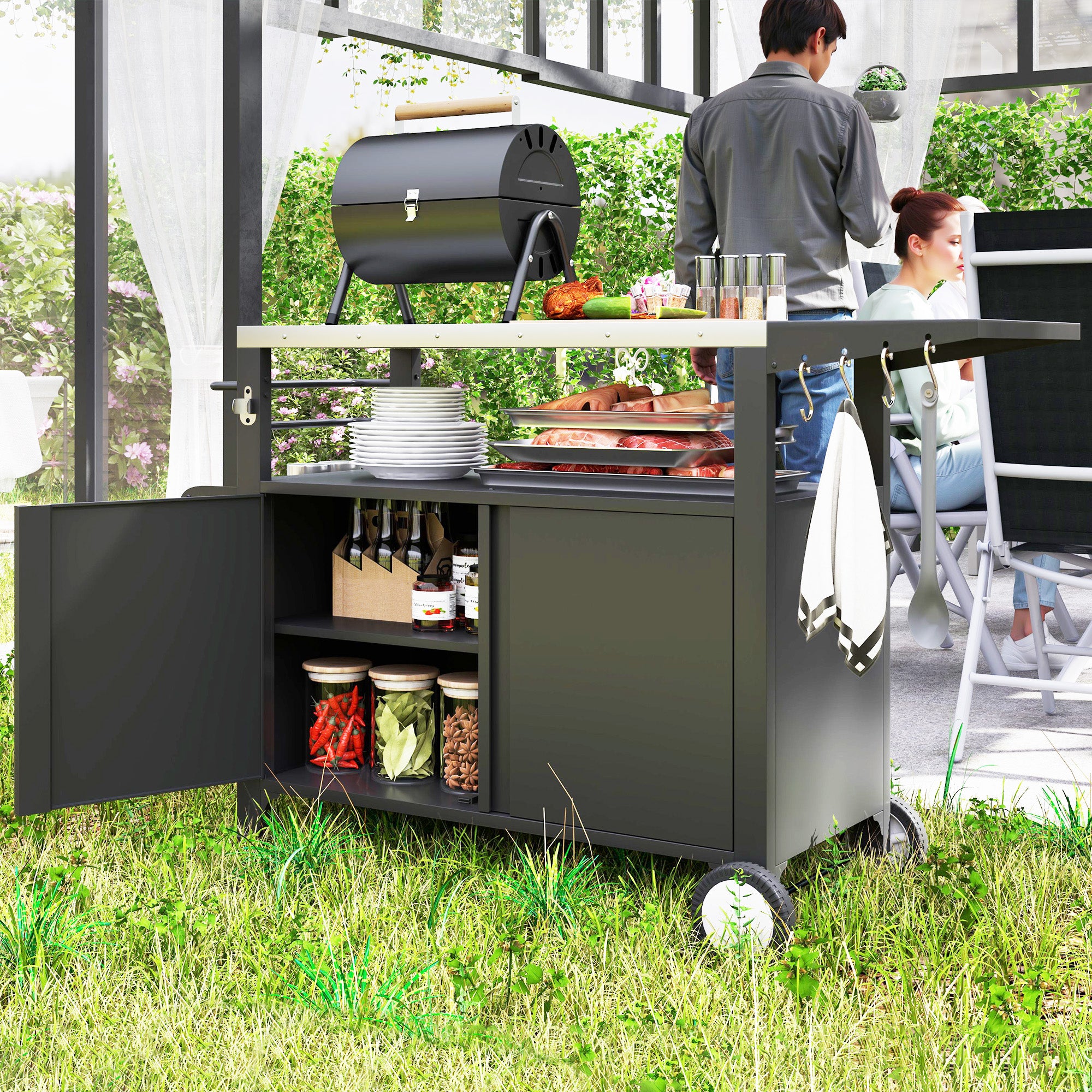 Outdoor Grill Cart Table with Stainless Steel Top, Movable Pizza Oven Table with Foldable Side Table, Wheels