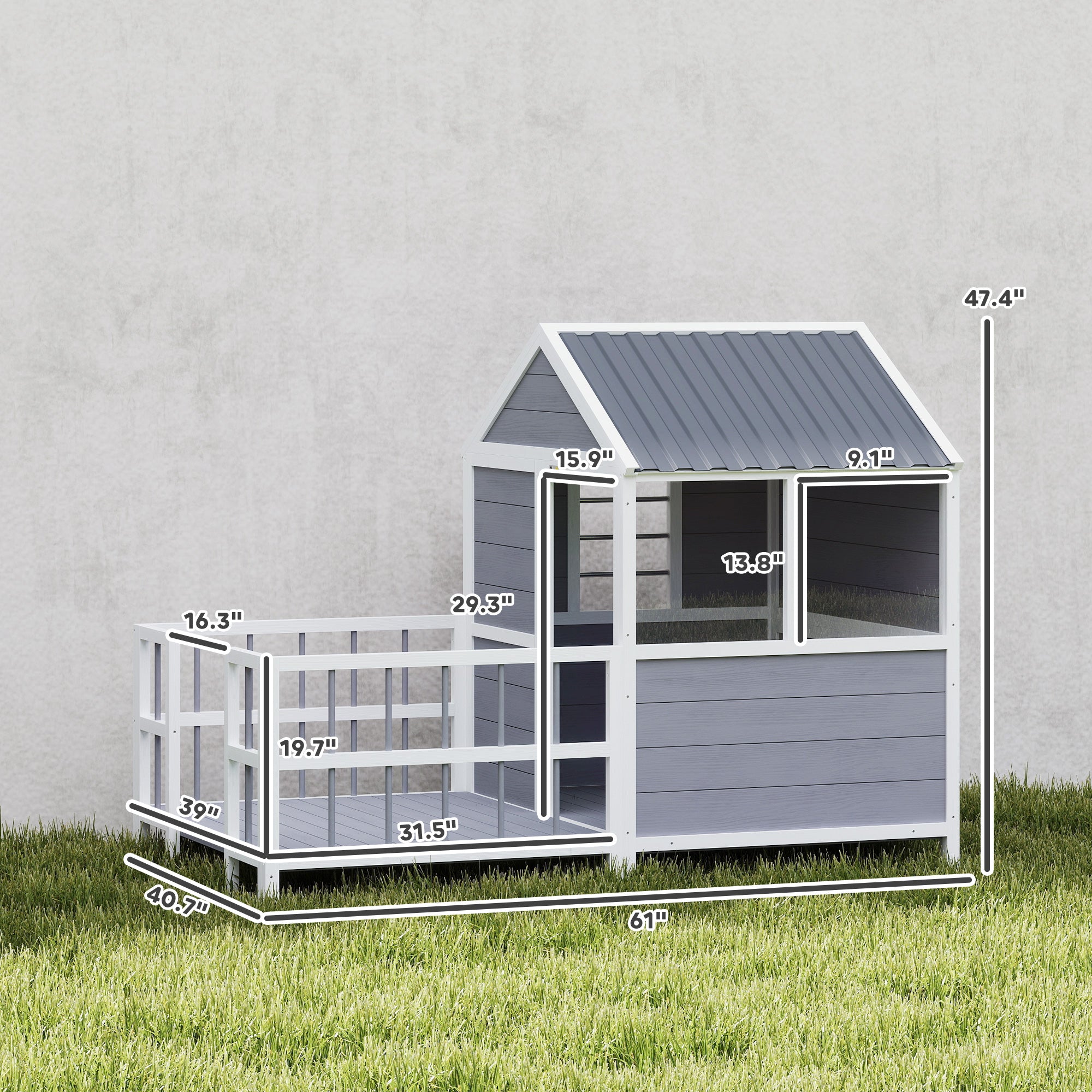 Outdoor Dog House, 61"L Wooden Dog House with Porch, Weatherproof Roof, Elevated Base, Air Vents & Observation Windows