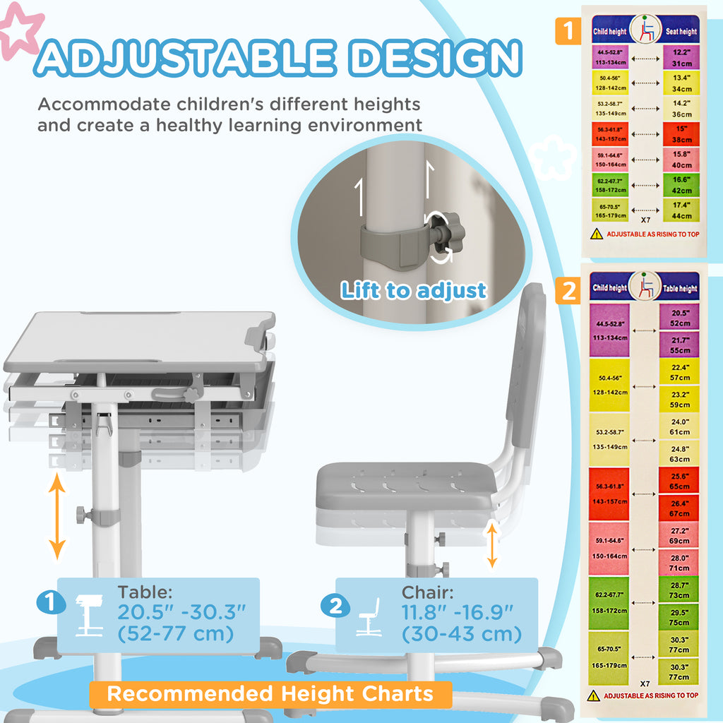 Height Adjustable Kids Desk and Chairs Set with Tilt Desktop, Storage Drawer, Pen Slot, Hook, Gray