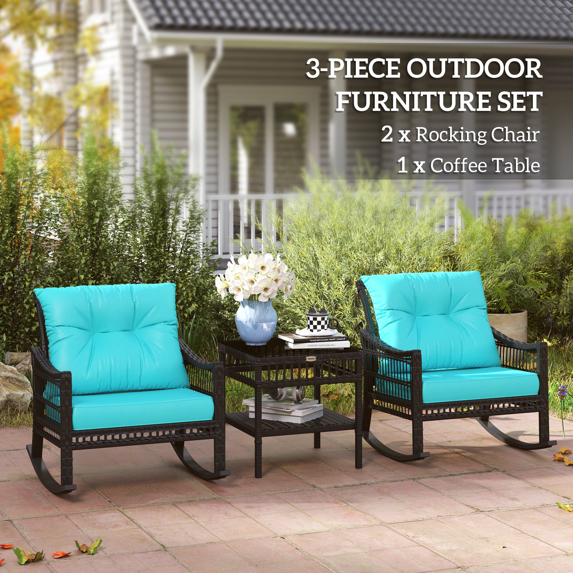 3 Piece Outdoor PE Rattan Rocker Chair Set, Rocking Chair with Tempered Glass Table Top, Turquoise Green