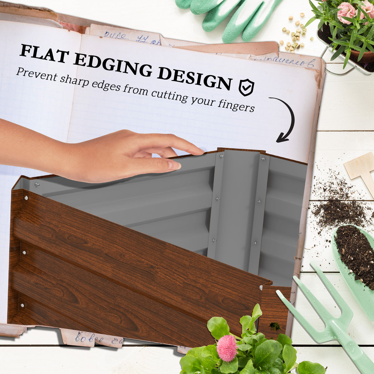 Galvanized Planter Box, 24" x 24" x 73.5" Raised Garden Bed with Tomato Cage for Climbing Vines, Brown