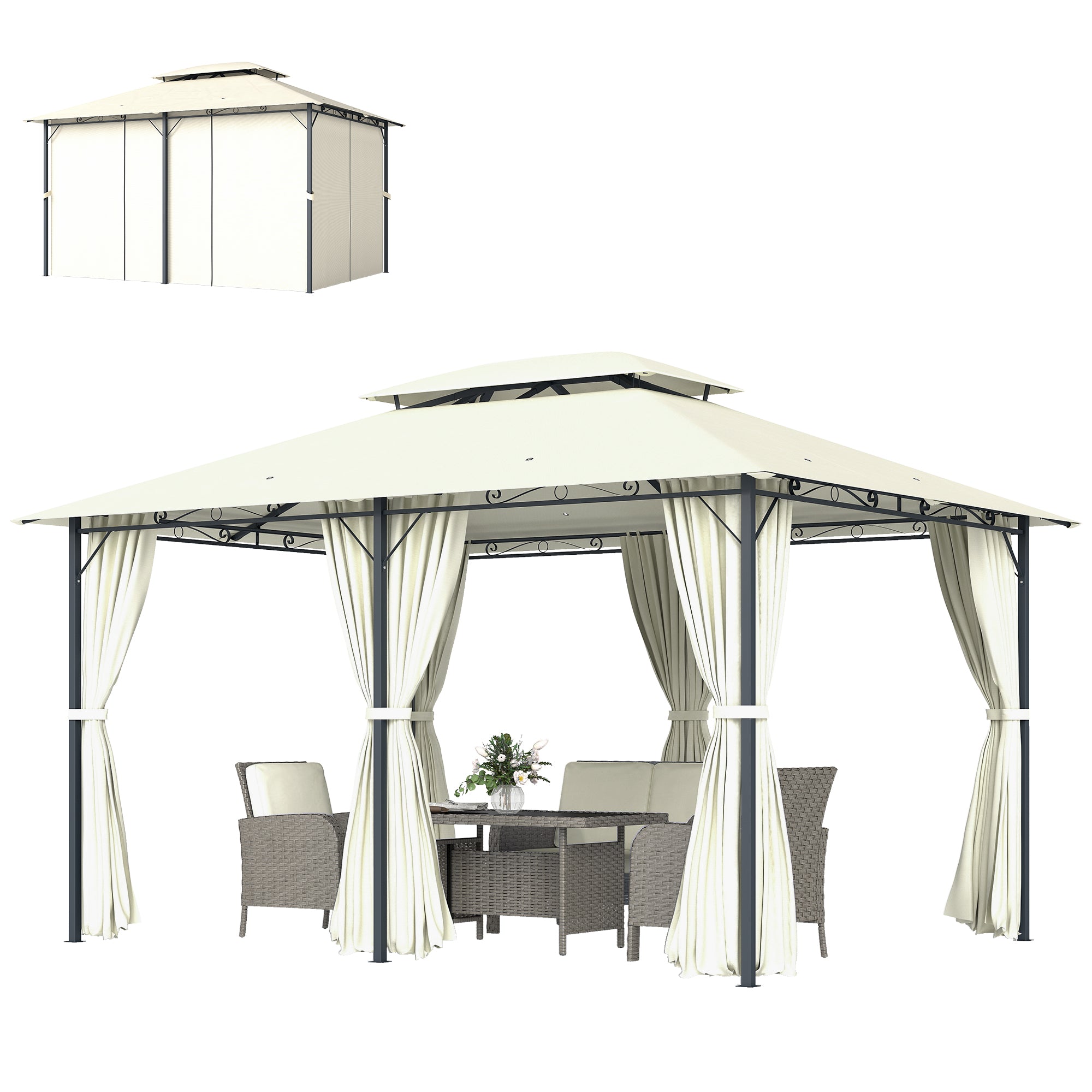 10' x 13' Patio Gazebo, Outdoor Gazebo Canopy Shelter with Curtains, Vented Roof, Steel Frame for Garden, Lawn, Backyard and Deck, Cream White