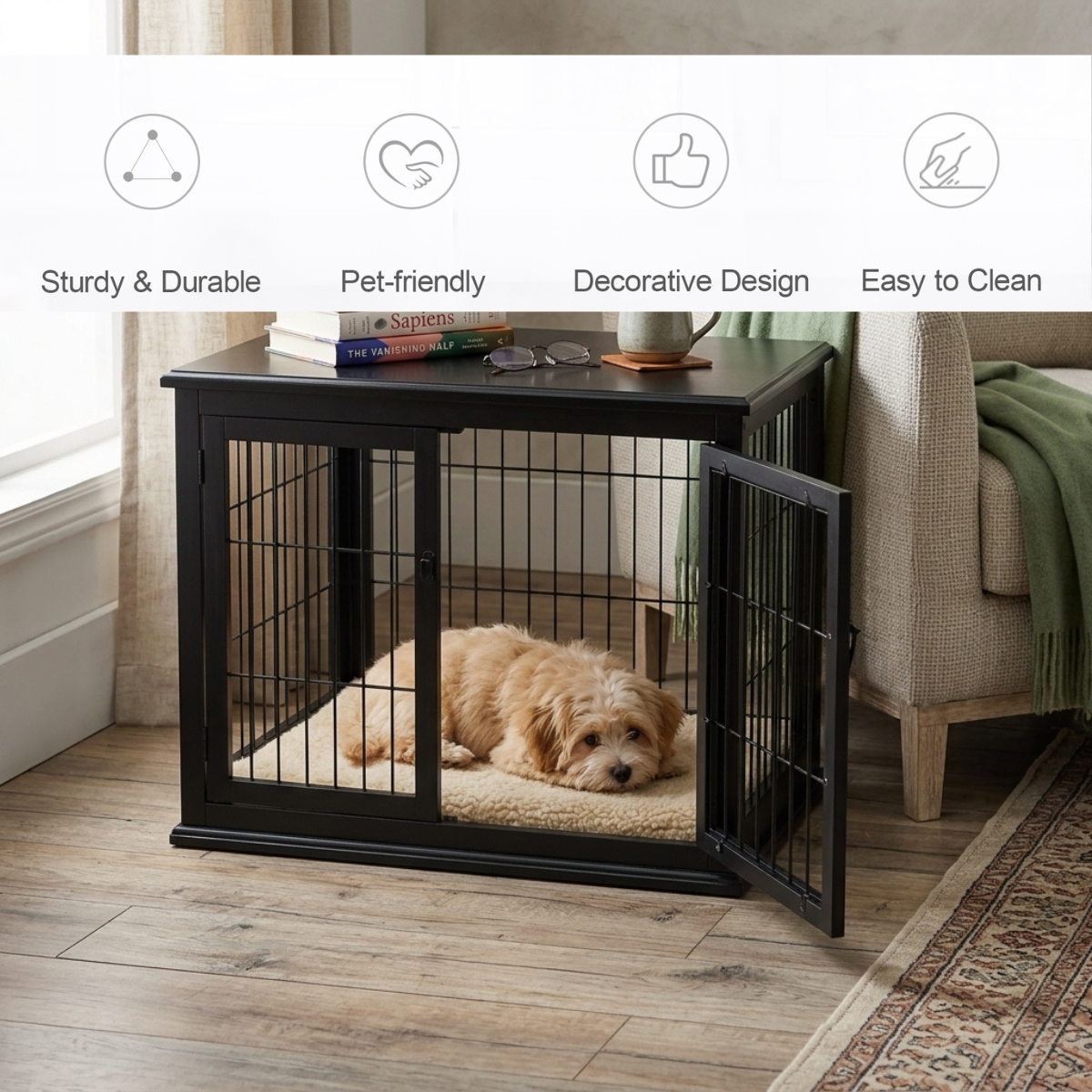 Dog Crate Furniture, 32" Small Dog Cage End Table with 2 Doors, Lockable Door, Puppy Kennel Indoor, Black