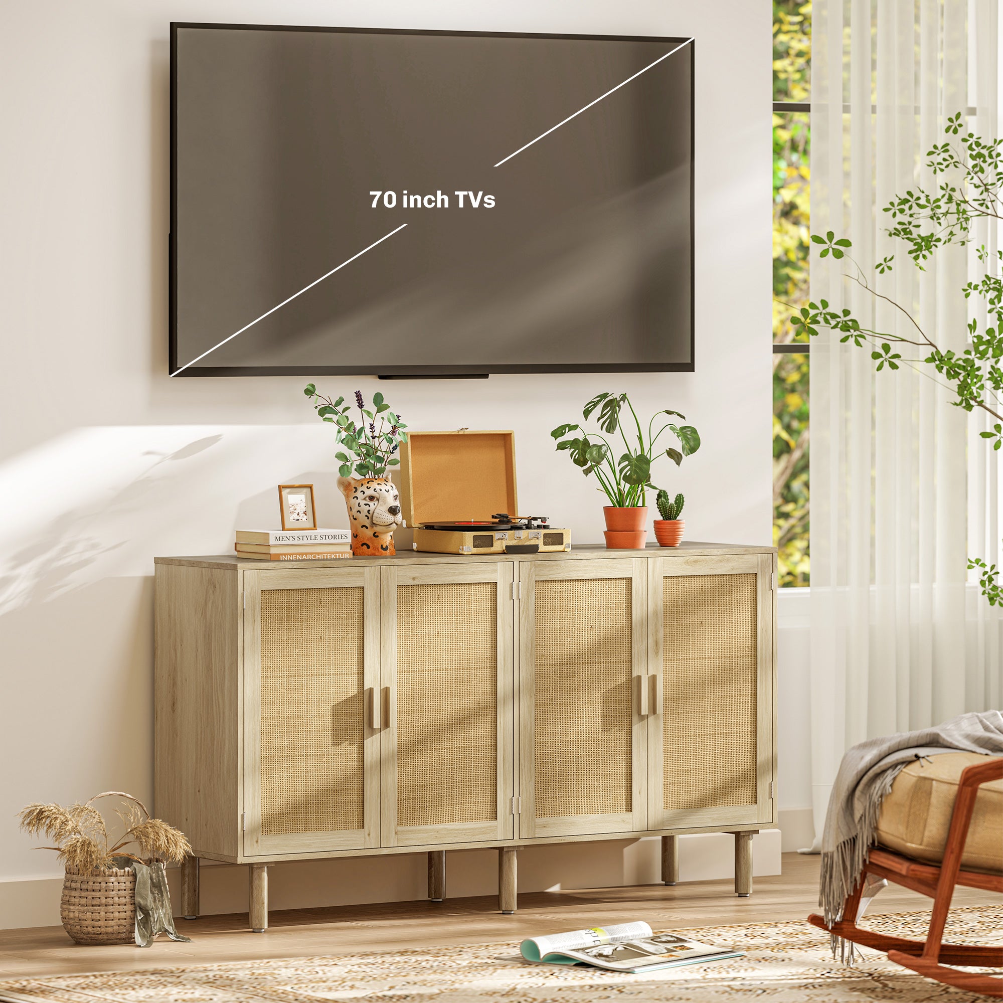 Bohemian Sideboard, 62.2" Buffet Cabinet with 4 Rattan Doors and Shelves for Living Room, Hallway, Natural