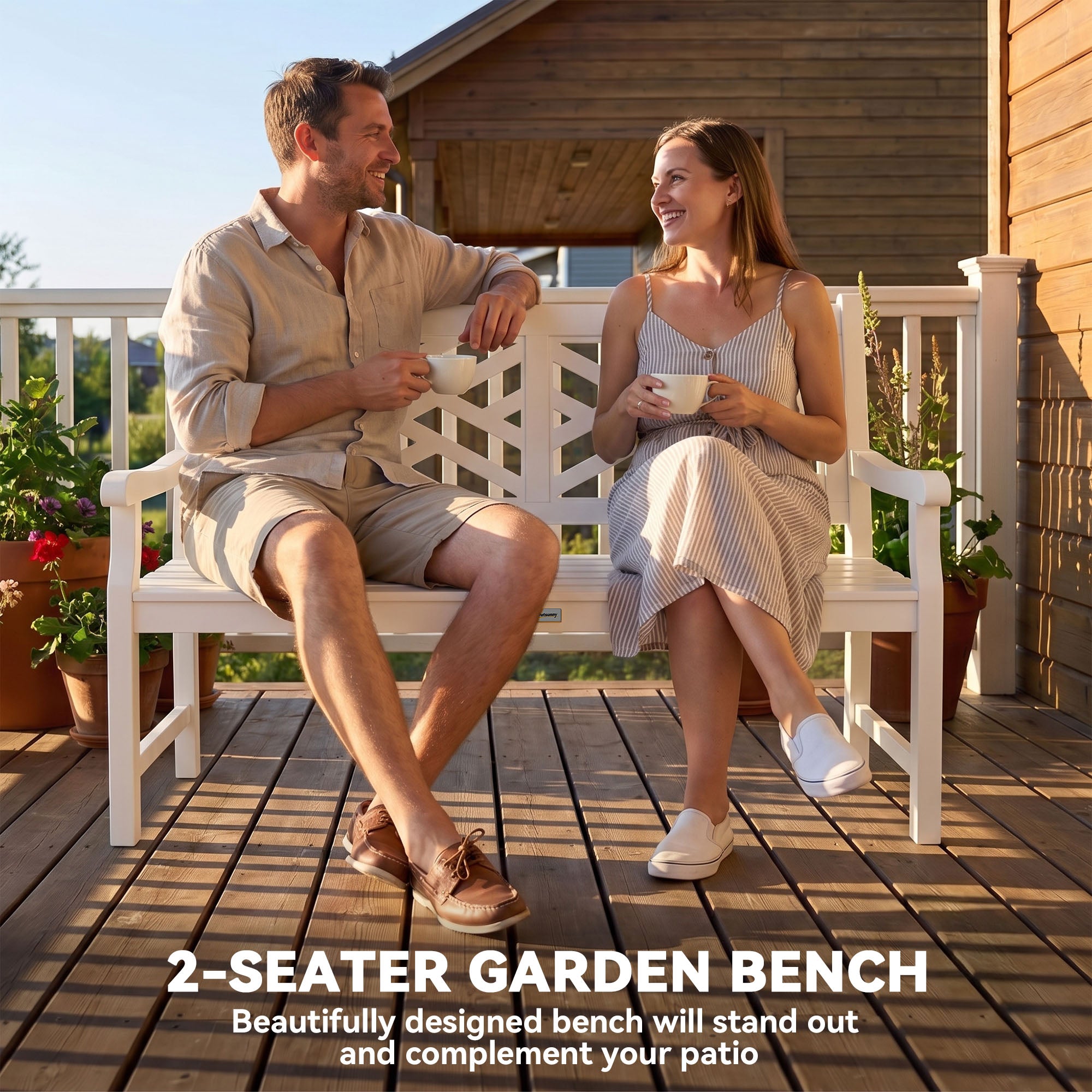 Outdoor Garden Bench, Wooden Frame Patio Bench with Geometric Pattern, 43.25 Inch Weatherproof 2-Person Love Seat for Garden, Lawn, Porch, Yard, Work Entryway, White