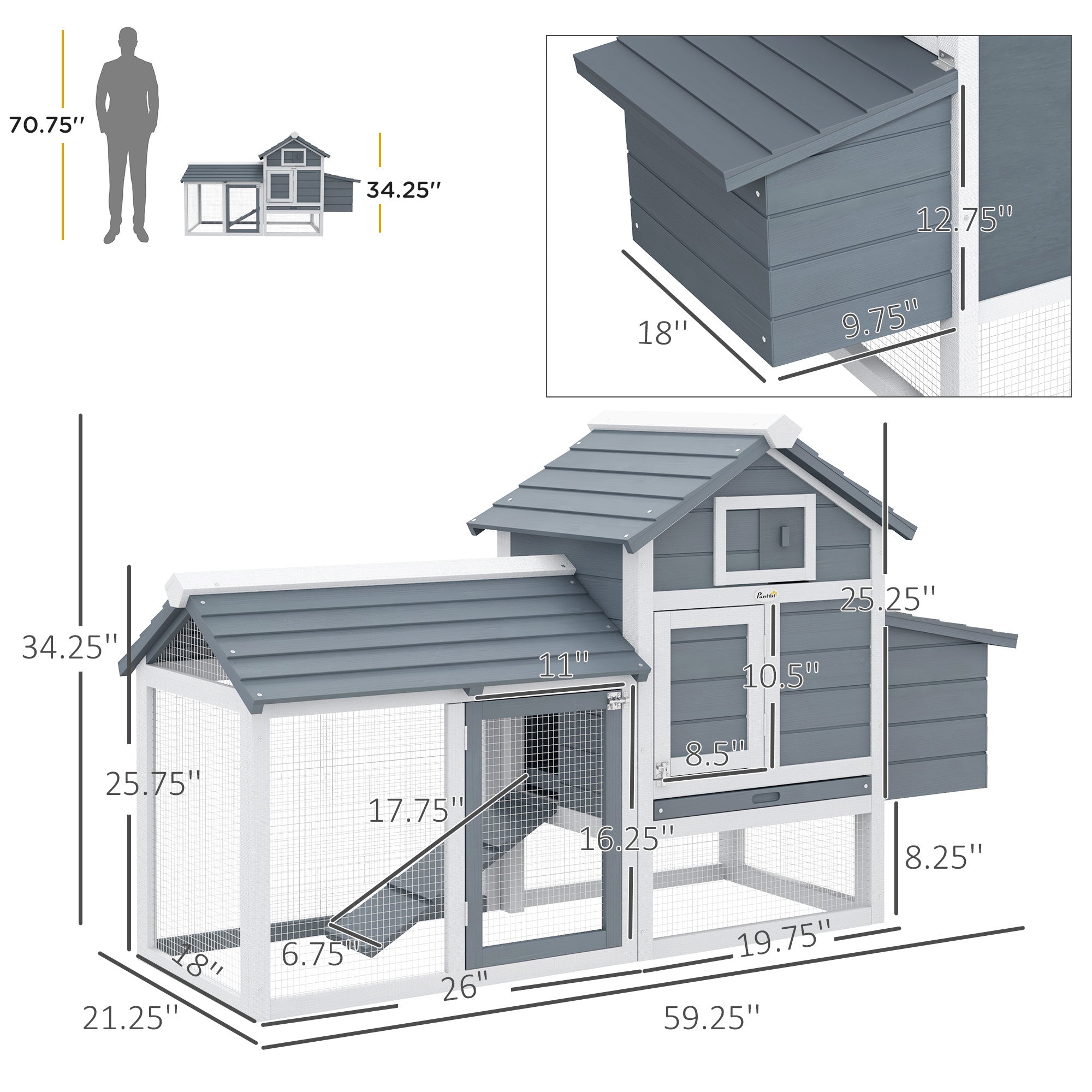 59" Small Wooden Chicken Coop Hen House Poultry Cage for Outdoor Backyard with 2 Doors, Nesting Box and Removable Tray, White