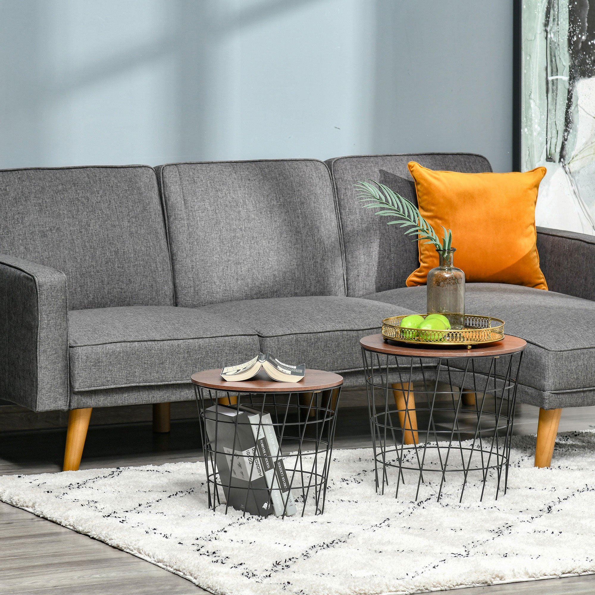 End Tables Set of 2, Nesting Tables with Storage, Round Accent Side Tables with Removable Top for Living Room, Black/ Brown
