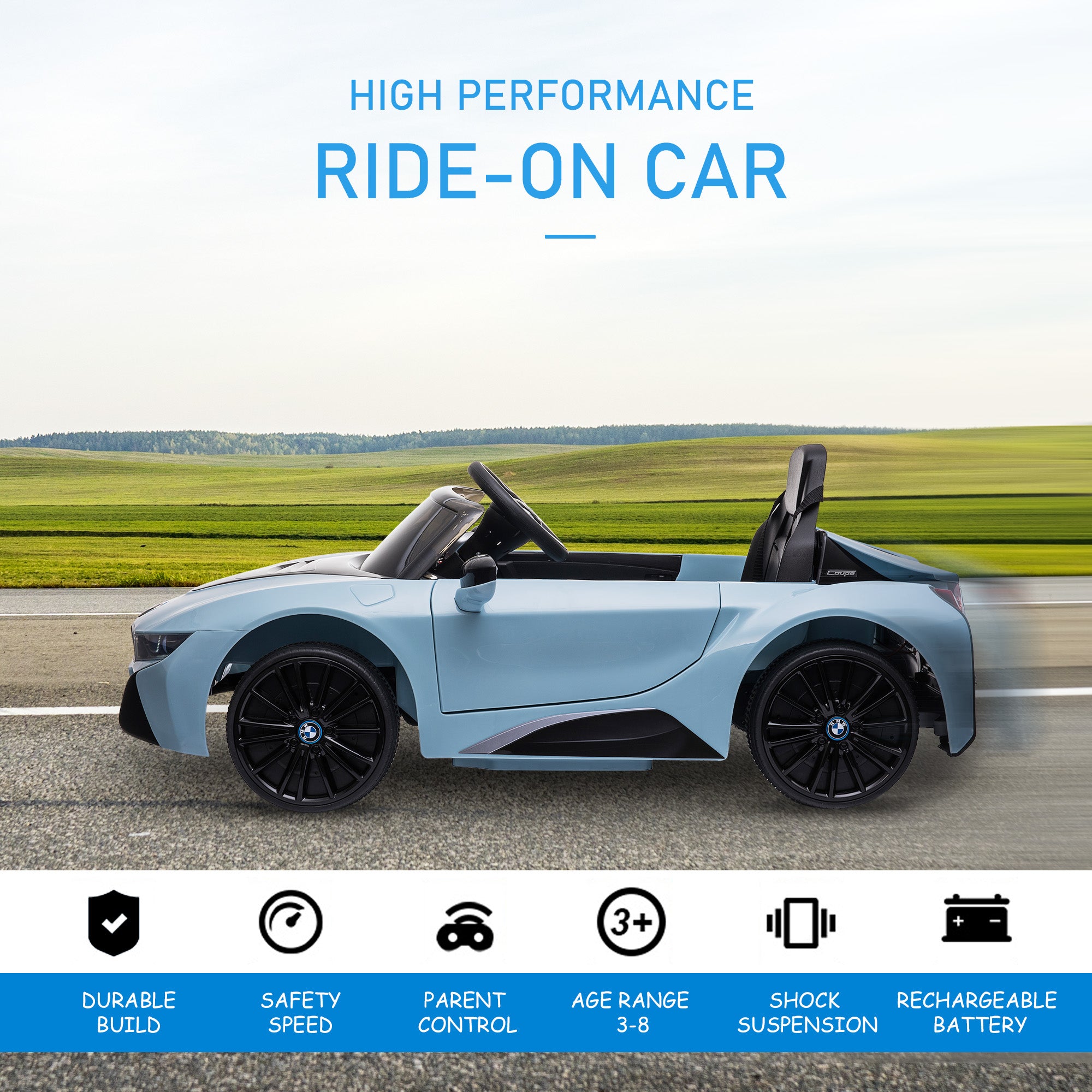 Licensed I8 Coupe 6V Electric Car, Kids Ride-On Car, Battery Powered Toy with Remote Control Music Horn Lights Suspension for 37-96months Old, Blue