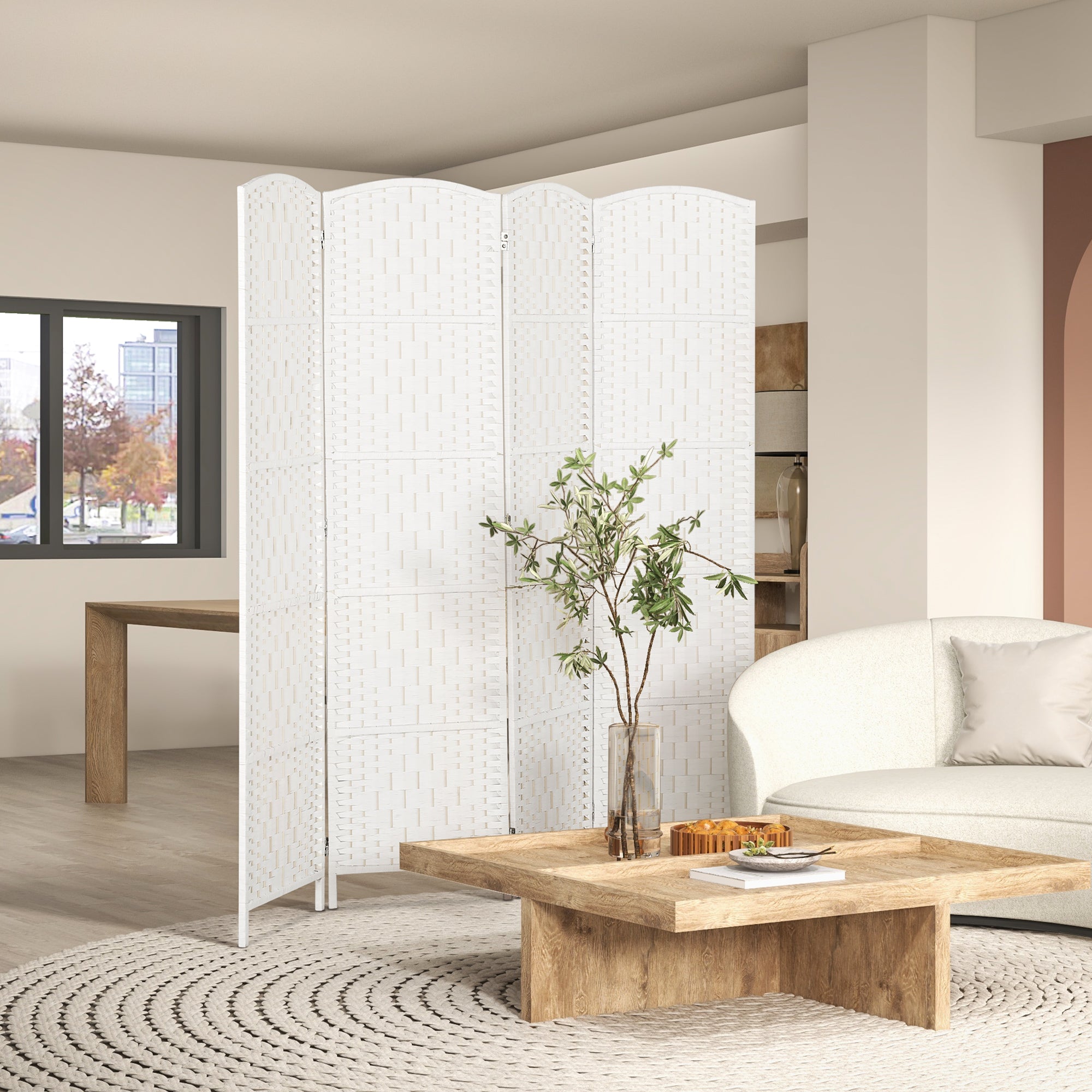 Room Divider, 4 Panel Folding Privacy Screen, 6FT Tall Portable Weave Partition Wall Divider for Bedroom, White