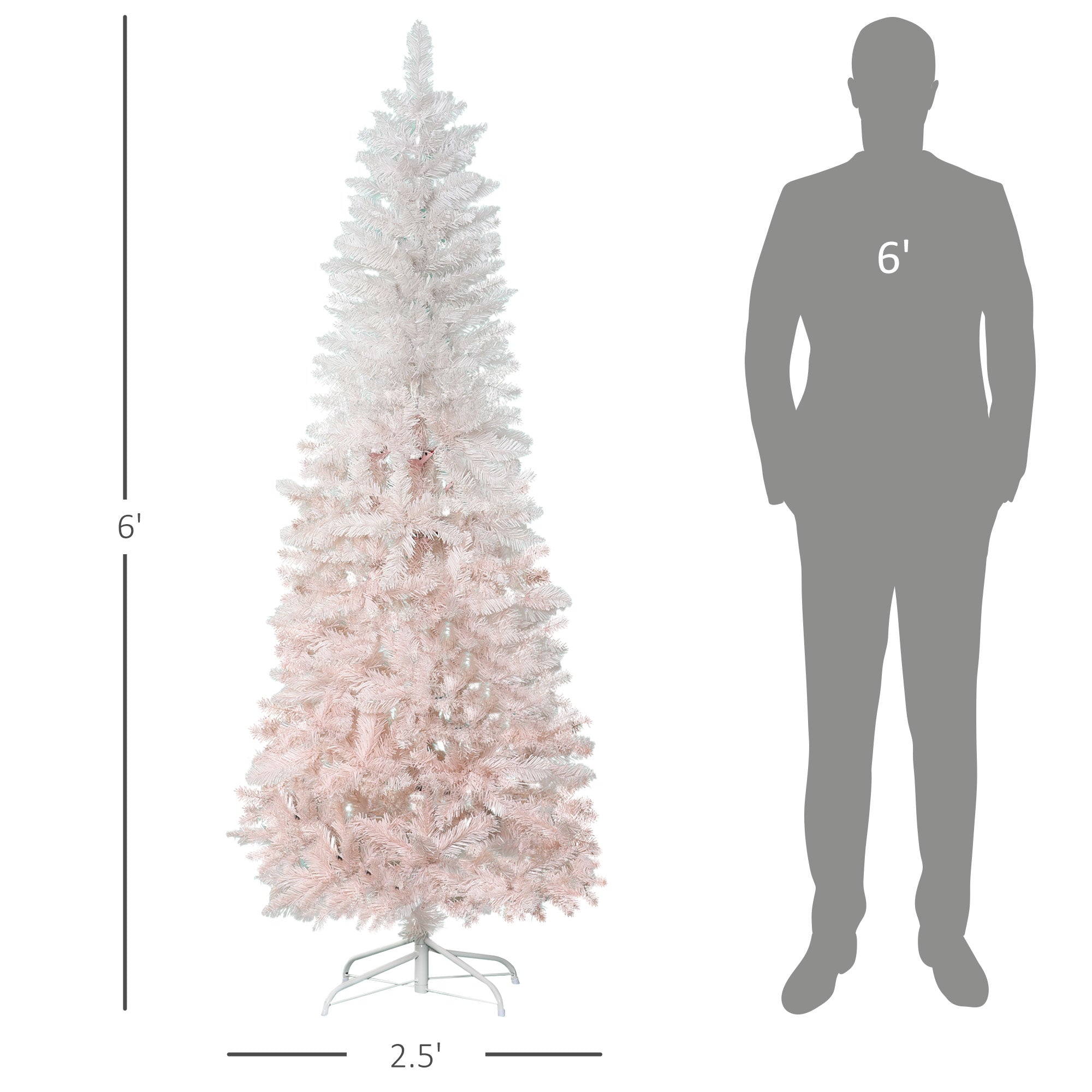 6' Tall Unlit Pencil Fir Artificial Christmas Tree with Realistic Branches and Steel Base, Pink and White