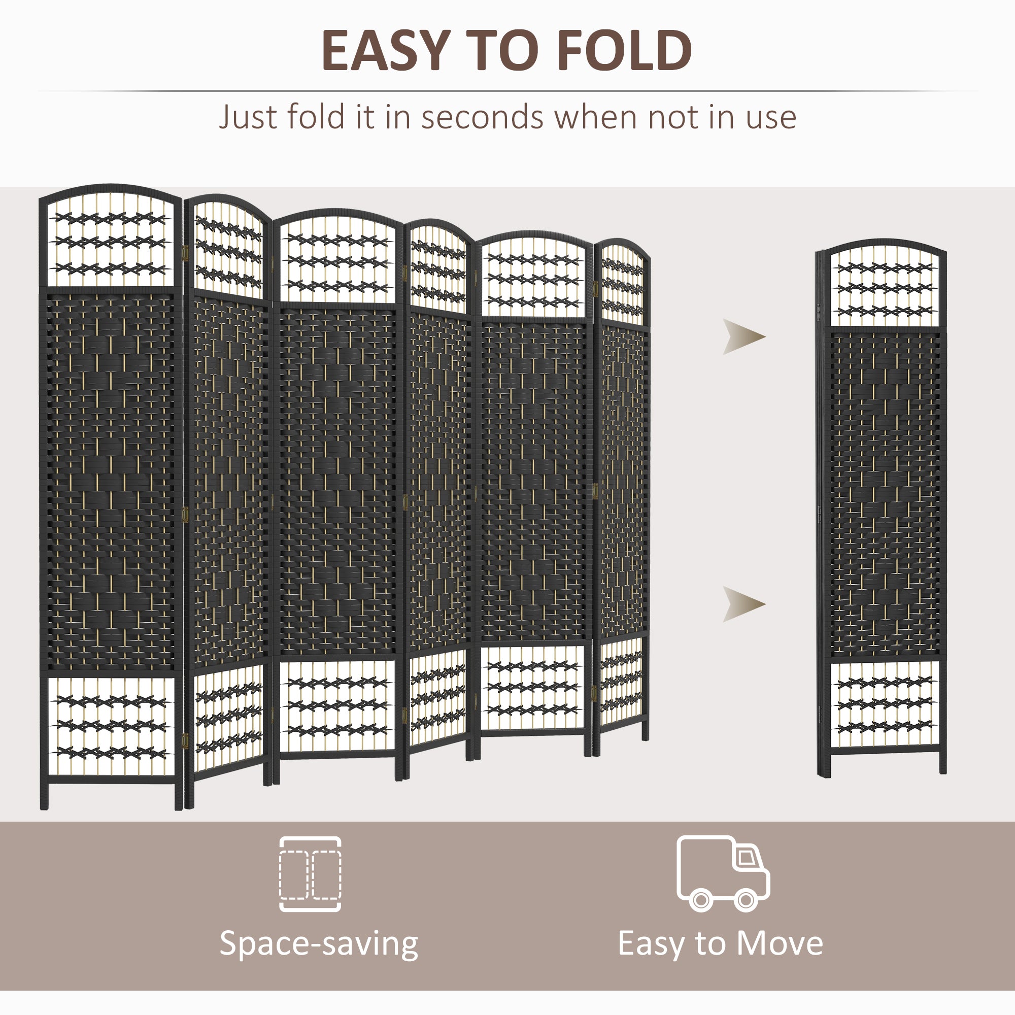 6 Panel Folding Room Divider Portable Privacy Screen Wave Fiber Room Partition for Home Office Black