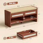 Shoe Bench with Cushioned Seat Shoe Storage Bench with 2 Rattan Drawers and Open Shelf Brown