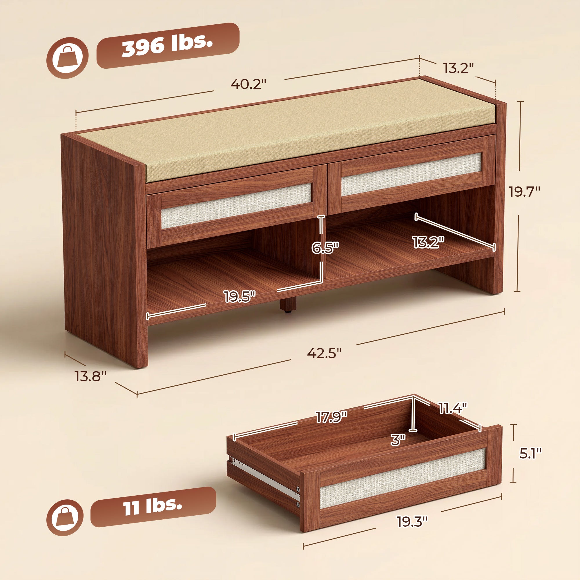 Shoe Bench with Cushioned Seat Shoe Storage Bench with 2 Rattan Drawers and Open Shelf Brown