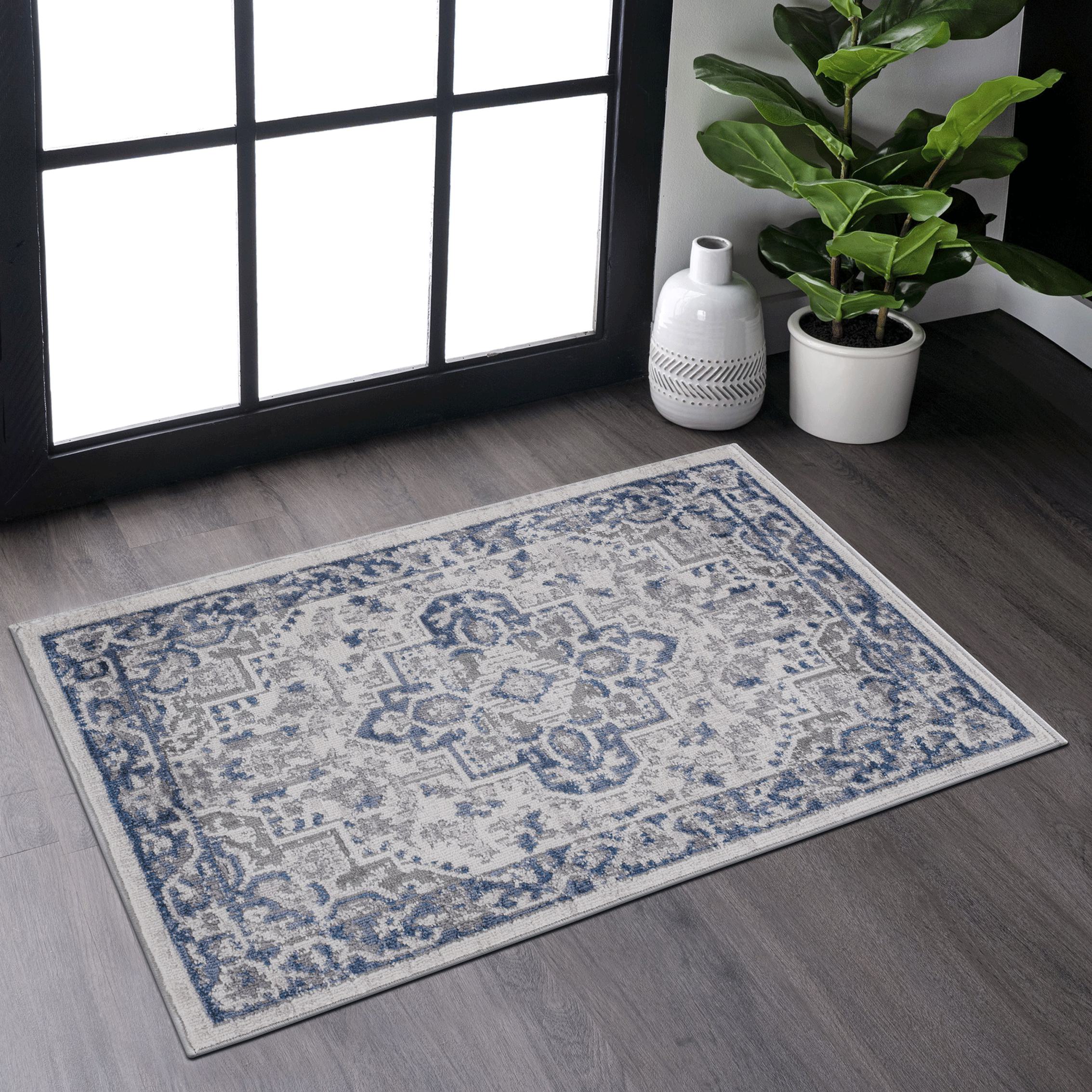 Naar 2x3 Stain-Resistant Area Rug with Cotton Backing, Medium Pile Height, Kid and Pet-Friendly Carpet, 36" L x 24" W x 0.35" H, Blue+Gray