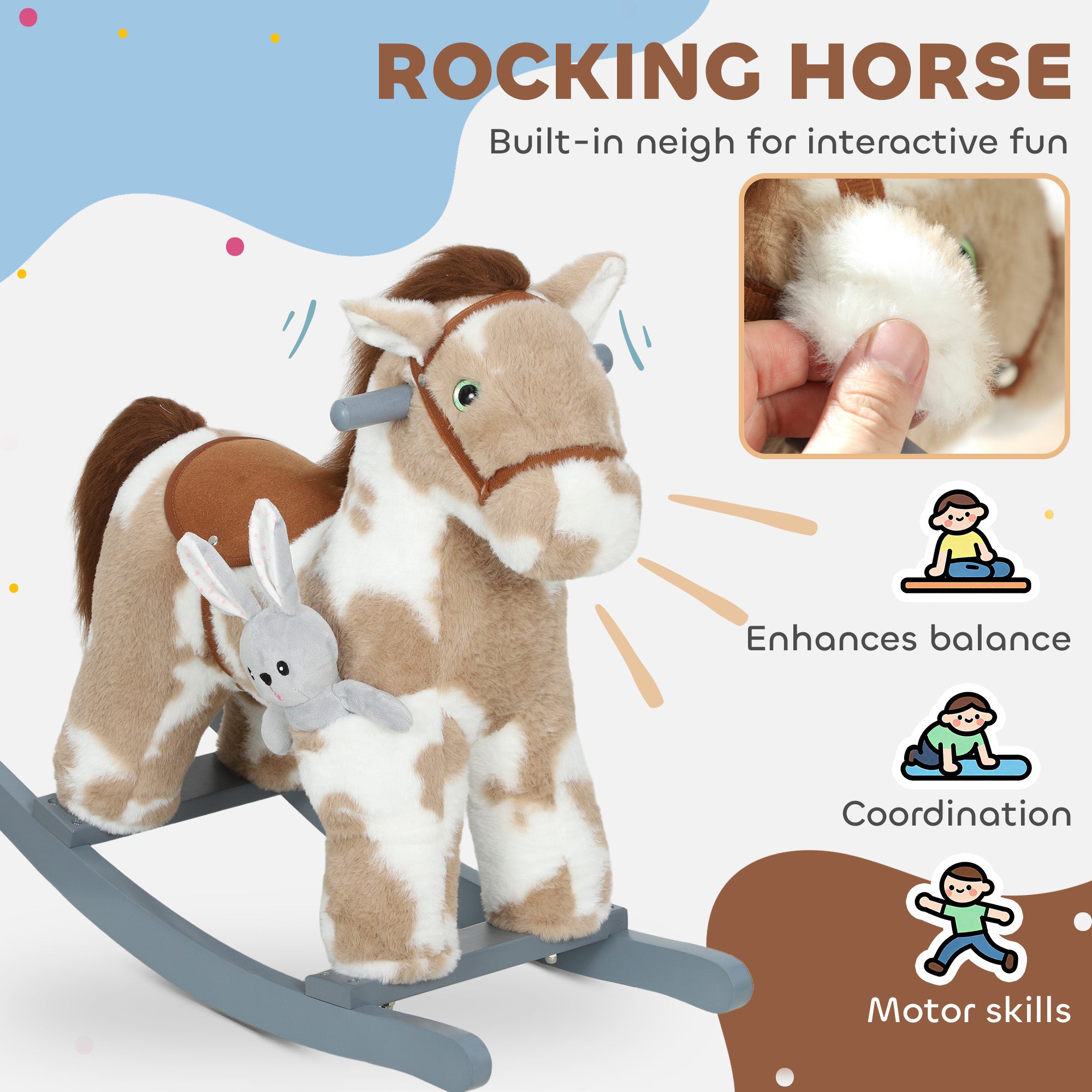 Rocking Horse, Kids Plush Horse Rocker with Rabbit Toy and Realistic Neigh for Toddlers 2–5 Years Old, Brown