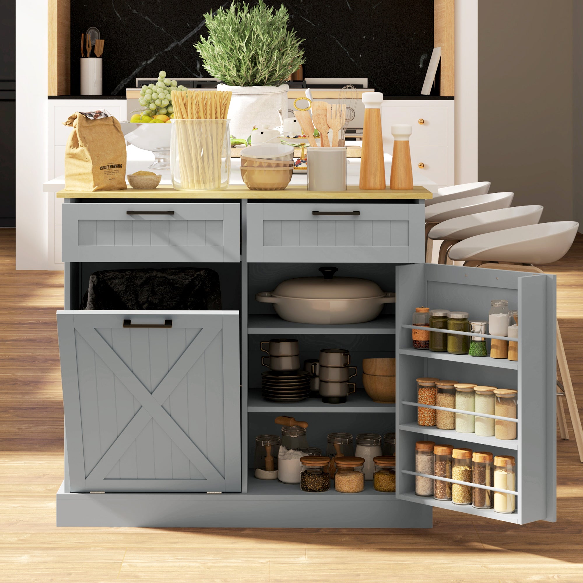 10 Gallon Farmhouse Kitchen Cabinet with Hidden Trash Can and 2 Drawers, Tilt Out Trash Can Cabinet for Kitchen, Gray