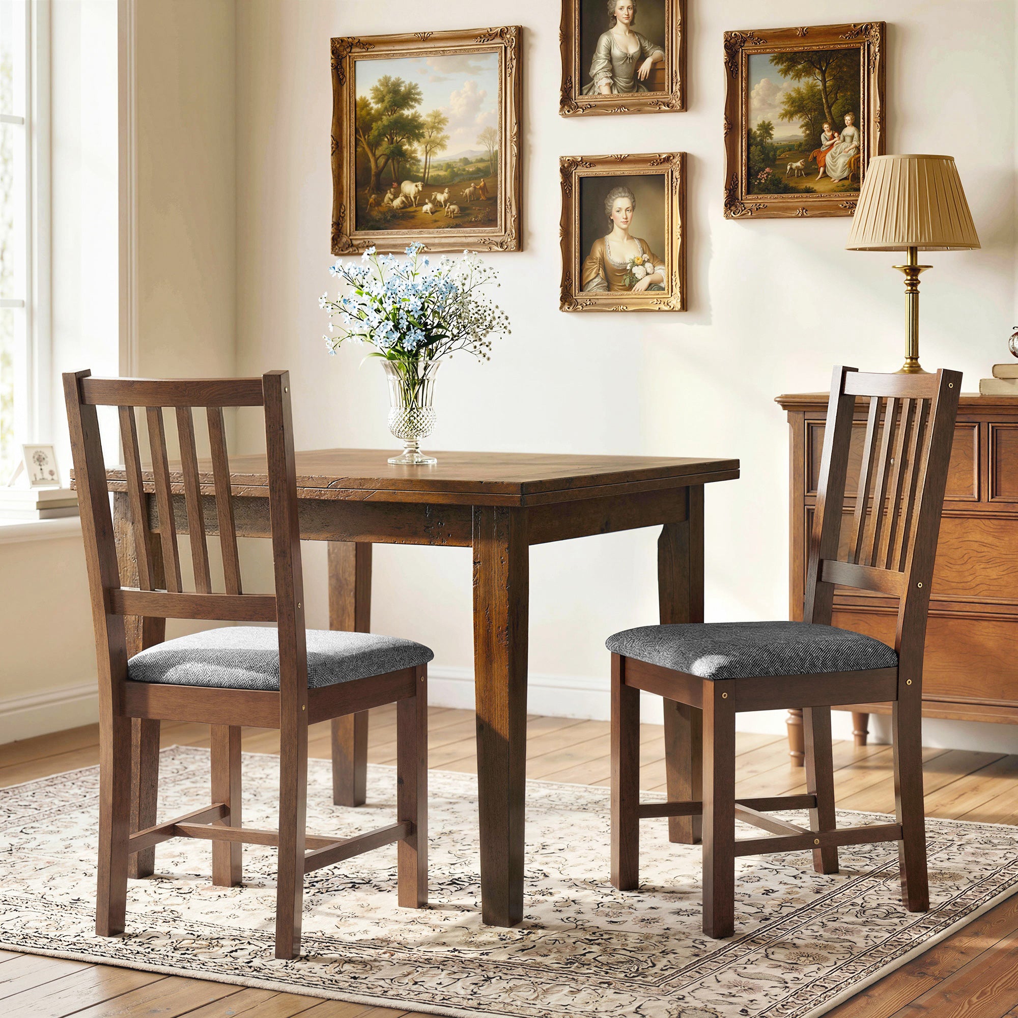 Set of 2 Dining Chairs, Upholstered Slat Back Dining Room Chairs with Rubberwood Legs and Padded Seat, Walnut