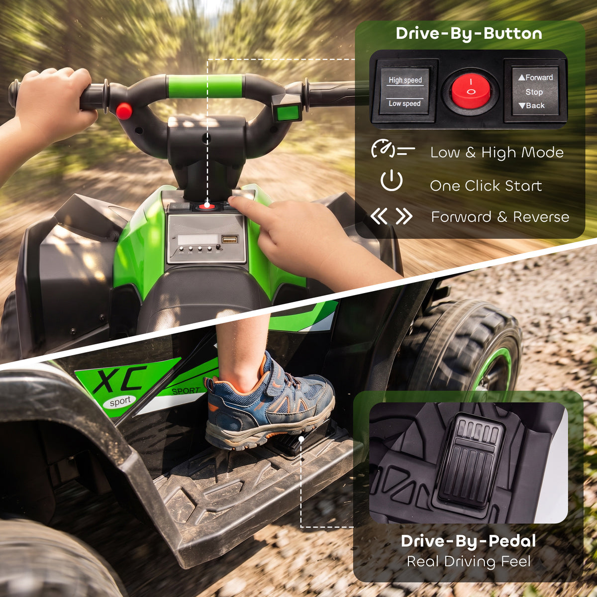 Kids ATV 4 Wheeler, 12V Kids Ride On Toy with Dual Motors, High & Low Speed, Music, Headlights, Up to 3.7 MPH, Green