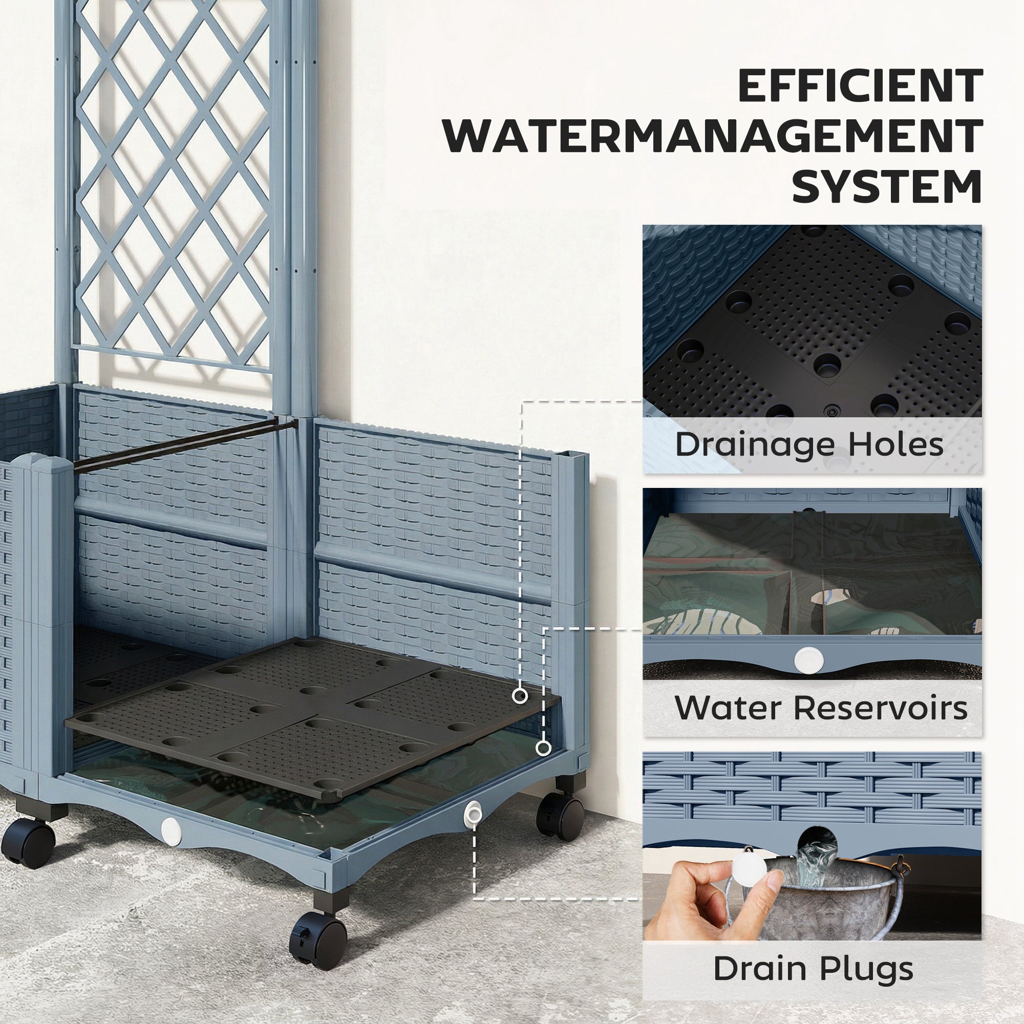 Planter Box with Trellis, Self Watering Raised Garden Bed with Lockable Wheels and Drainage Holes, Gray