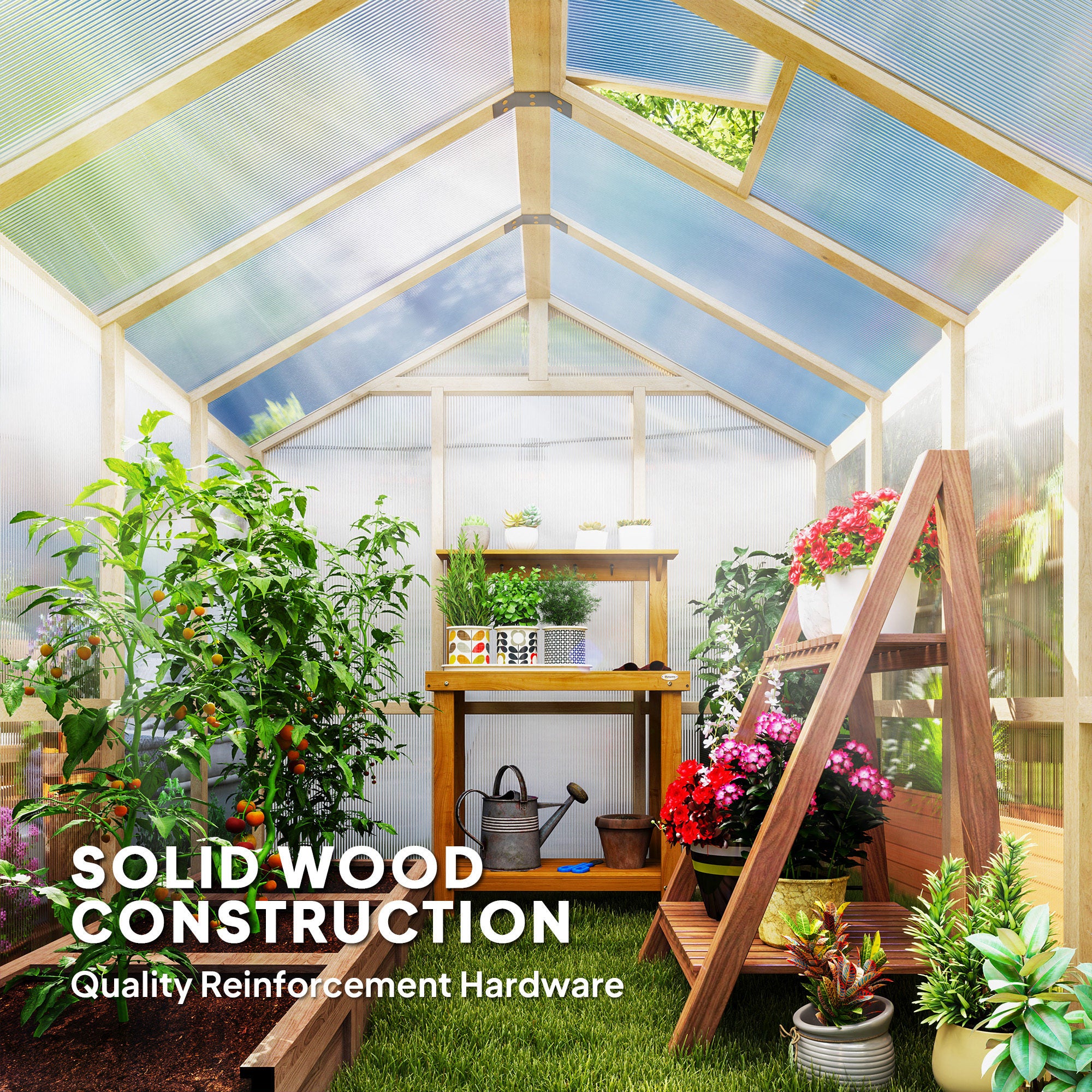 6.6 x 8 ft. Polycarbonate Greenhouse Wooden Walk-in Greenhouse Kit with Thickened Panels, Roof Vent, and Lockable Door